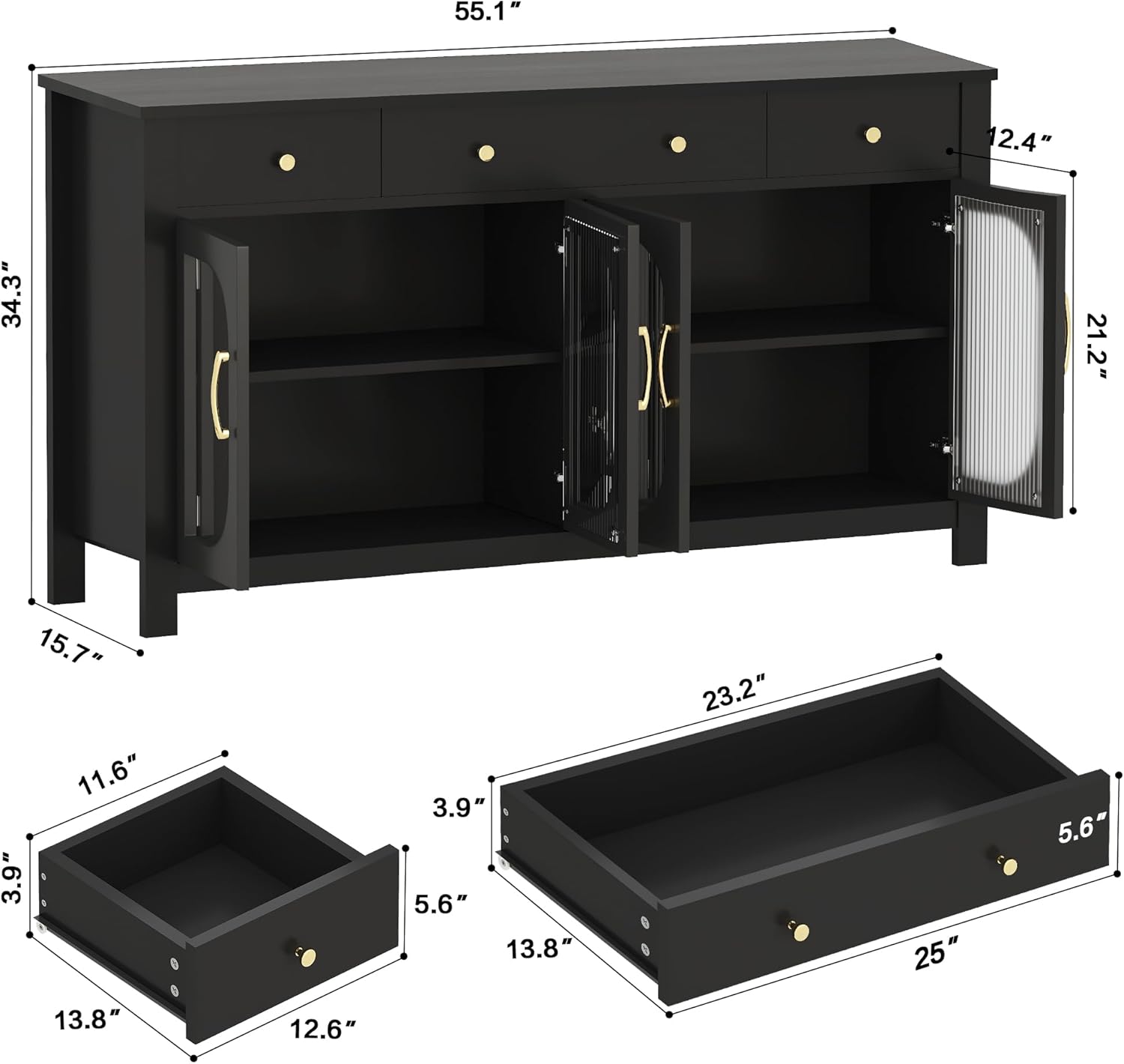 55" Sideboard Buffet Cabinet with Storage, Buffet Table with 3 Drawers and 4 Glass Doors, Kitchen Coffee Bar Cabinet with Adjustable Shelves, White
