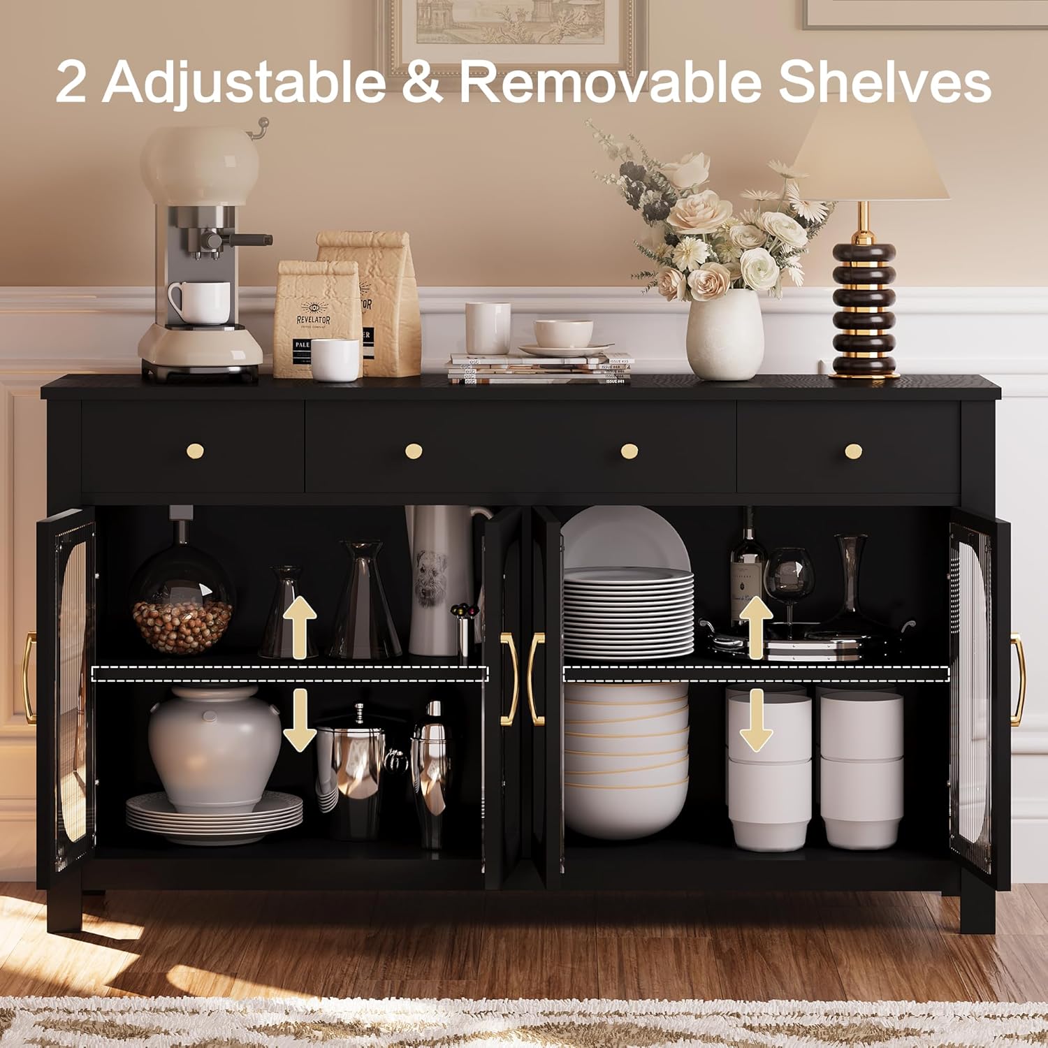 55" Sideboard Buffet Cabinet with Storage, Buffet Table with 3 Drawers and 4 Glass Doors, Kitchen Coffee Bar Cabinet with Adjustable Shelves, White