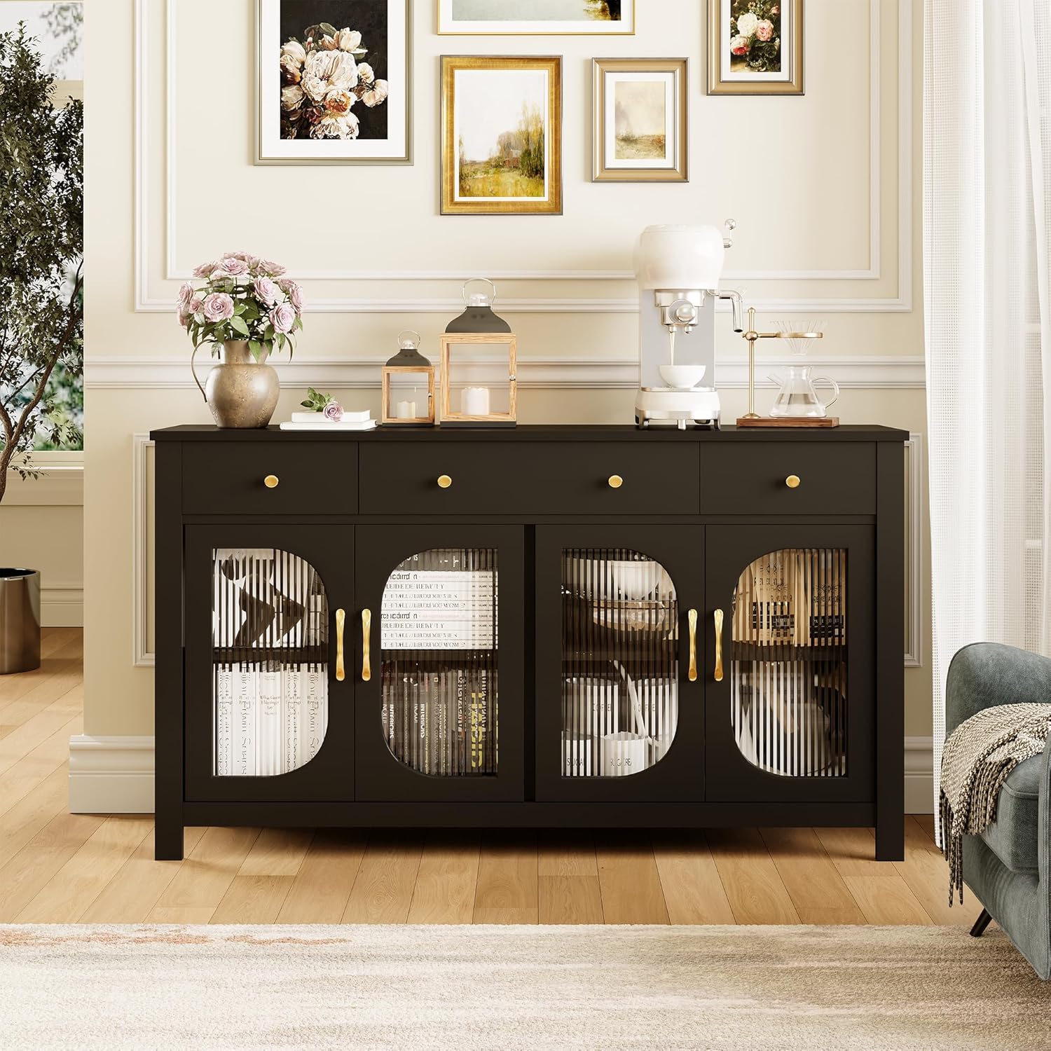 55" Sideboard Buffet Cabinet with Storage, Buffet Table with 3 Drawers and 4 Glass Doors, Kitchen Coffee Bar Cabinet with Adjustable Shelves, White