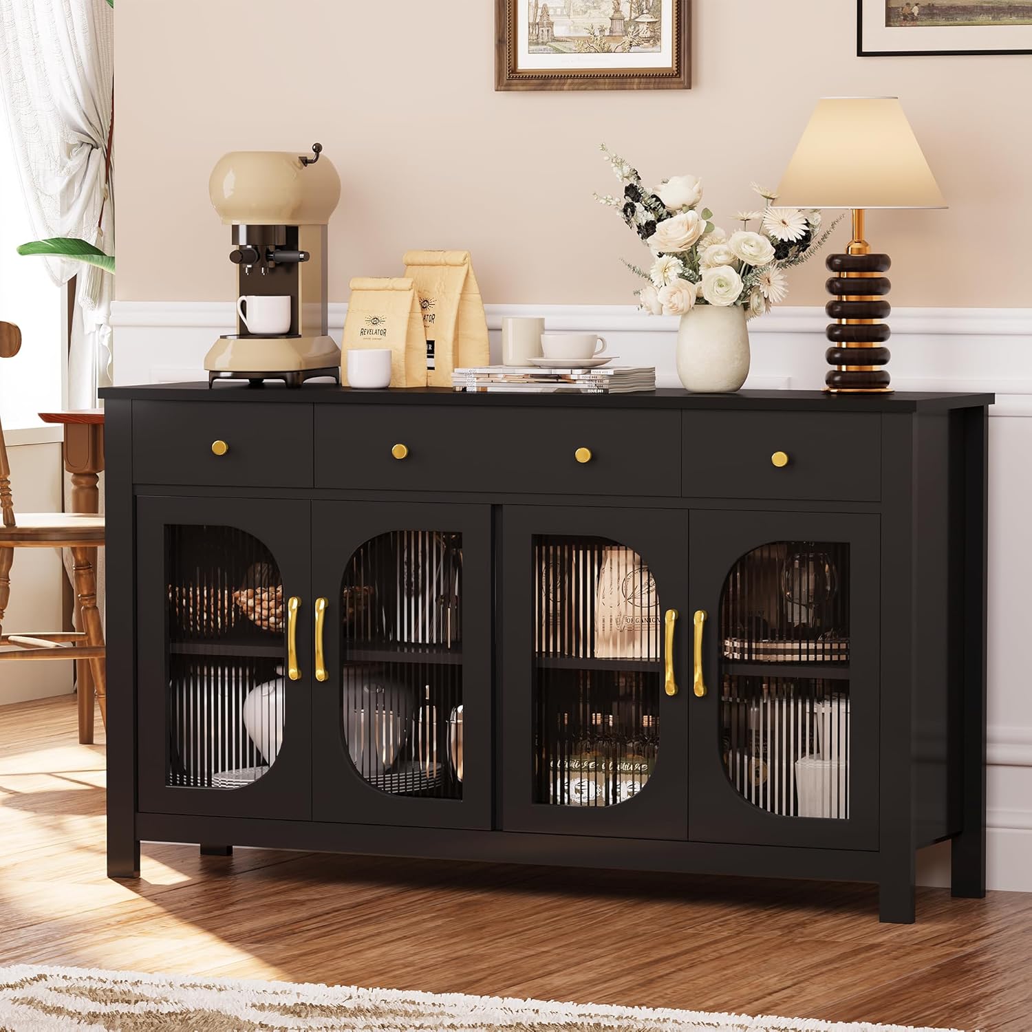 55" Sideboard Buffet Cabinet with Storage, Buffet Table with 3 Drawers and 4 Glass Doors, Kitchen Coffee Bar Cabinet with Adjustable Shelves, White