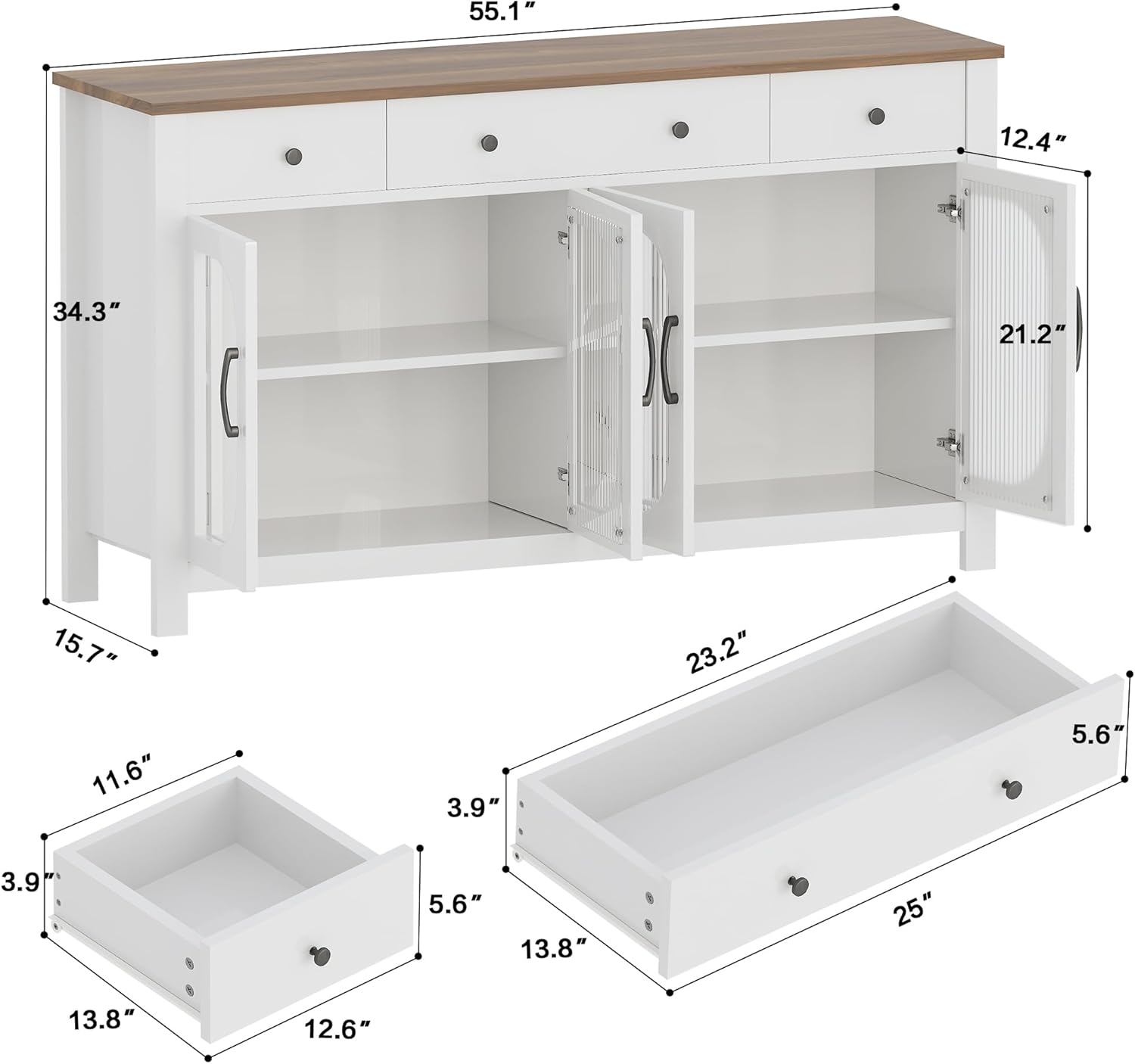 55" Sideboard Buffet Cabinet with Storage, Buffet Table with 3 Drawers and 4 Glass Doors, Kitchen Coffee Bar Cabinet with Adjustable Shelves, White