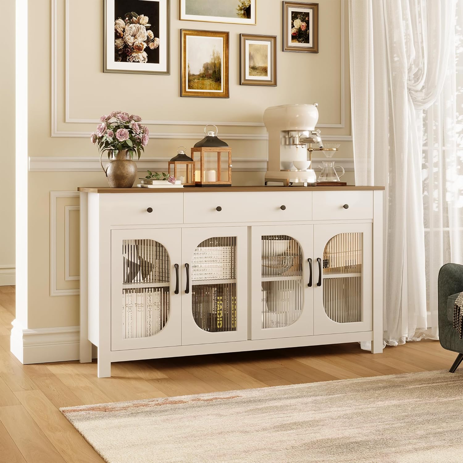 55" Sideboard Buffet Cabinet with Storage, Buffet Table with 3 Drawers and 4 Glass Doors, Kitchen Coffee Bar Cabinet with Adjustable Shelves, White