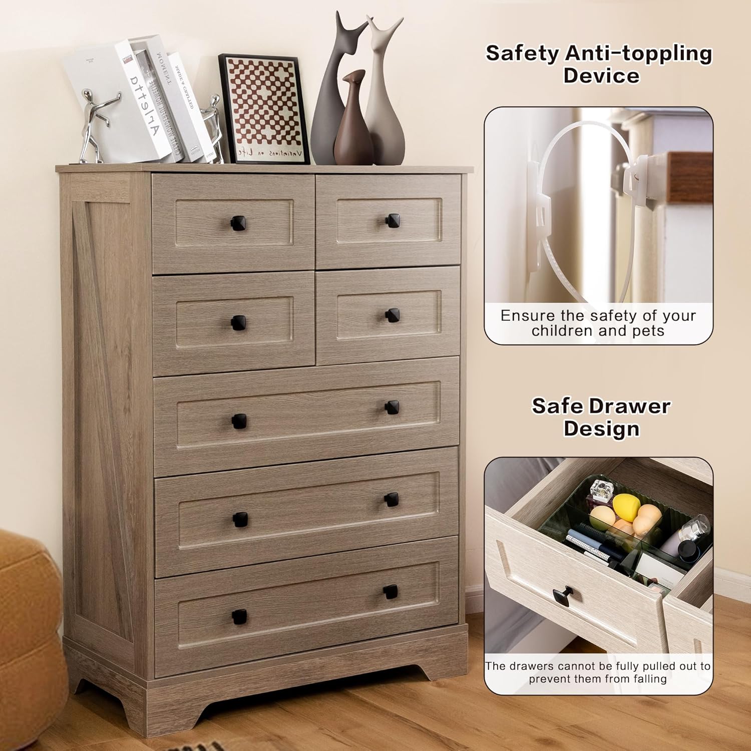 7 Drawers Tall Dressers for Bedroom, 44" Wood Chest of Drawers with Metal Handle, Farmhouse Dresser for Living Room, Hallway, White