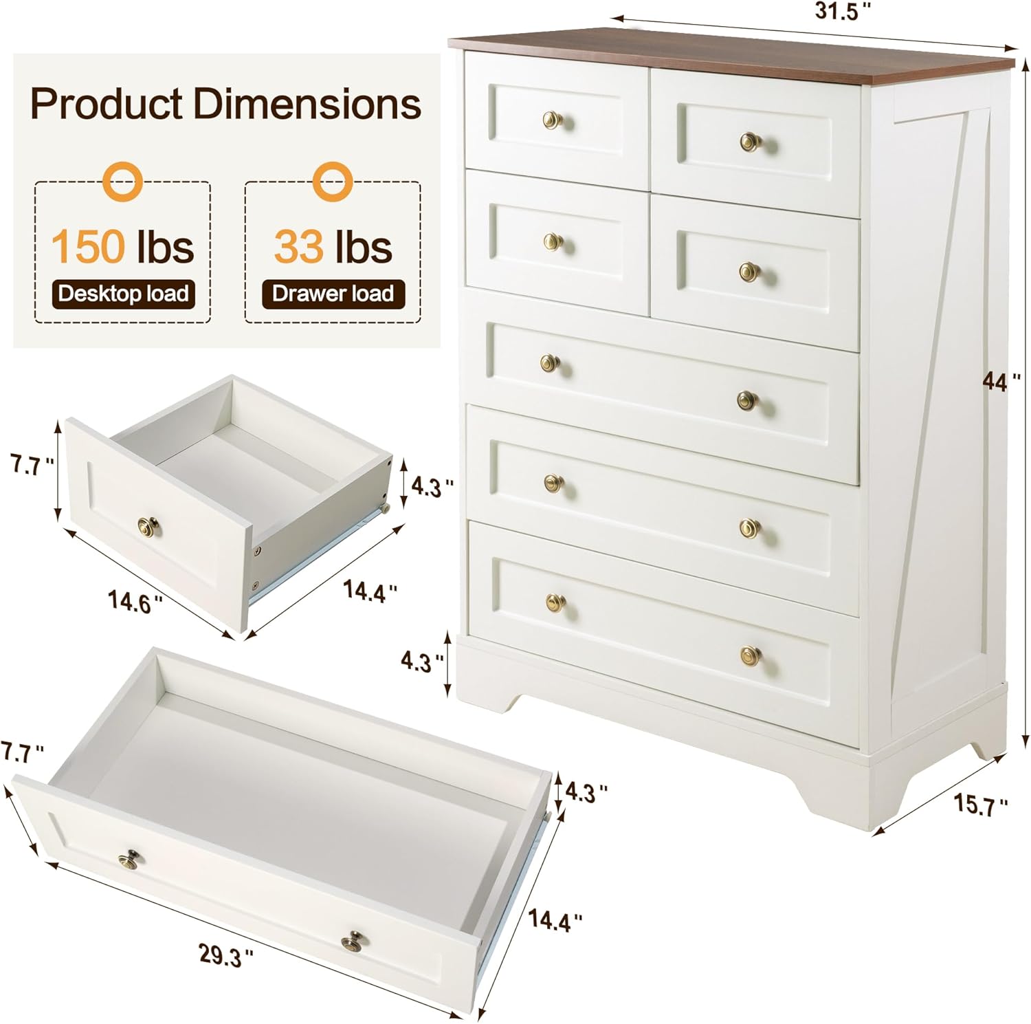 7 Drawers Tall Dressers for Bedroom, 44" Wood Chest of Drawers with Metal Handle, Farmhouse Dresser for Living Room, Hallway, White