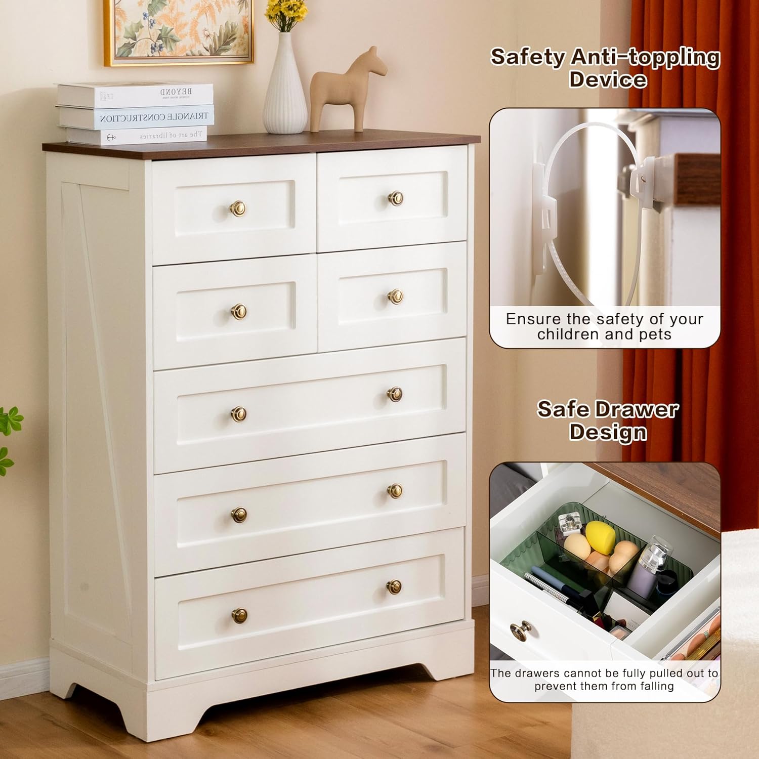 7 Drawers Tall Dressers for Bedroom, 44" Wood Chest of Drawers with Metal Handle, Farmhouse Dresser for Living Room, Hallway, White
