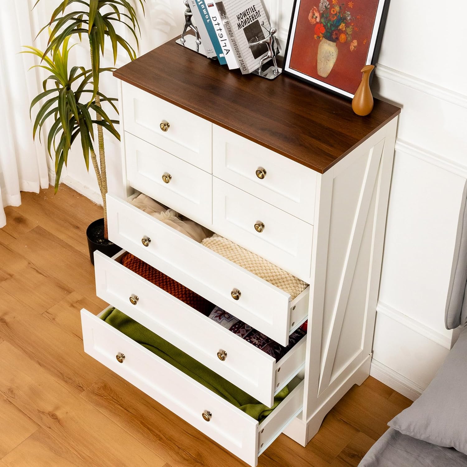 7 Drawers Tall Dressers for Bedroom, 44" Wood Chest of Drawers with Metal Handle, Farmhouse Dresser for Living Room, Hallway, White