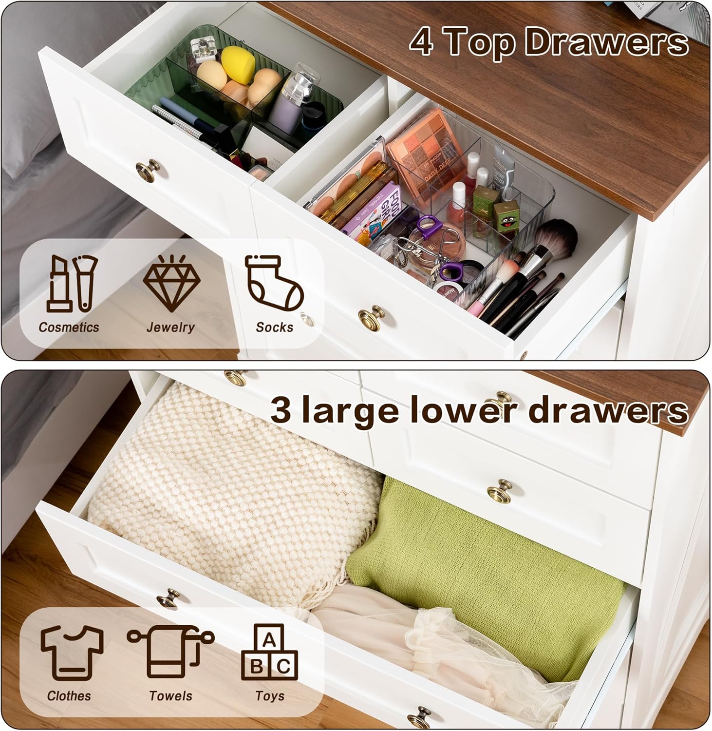 7 Drawers Tall Dressers for Bedroom, 44" Wood Chest of Drawers with Metal Handle, Farmhouse Dresser for Living Room, Hallway, White