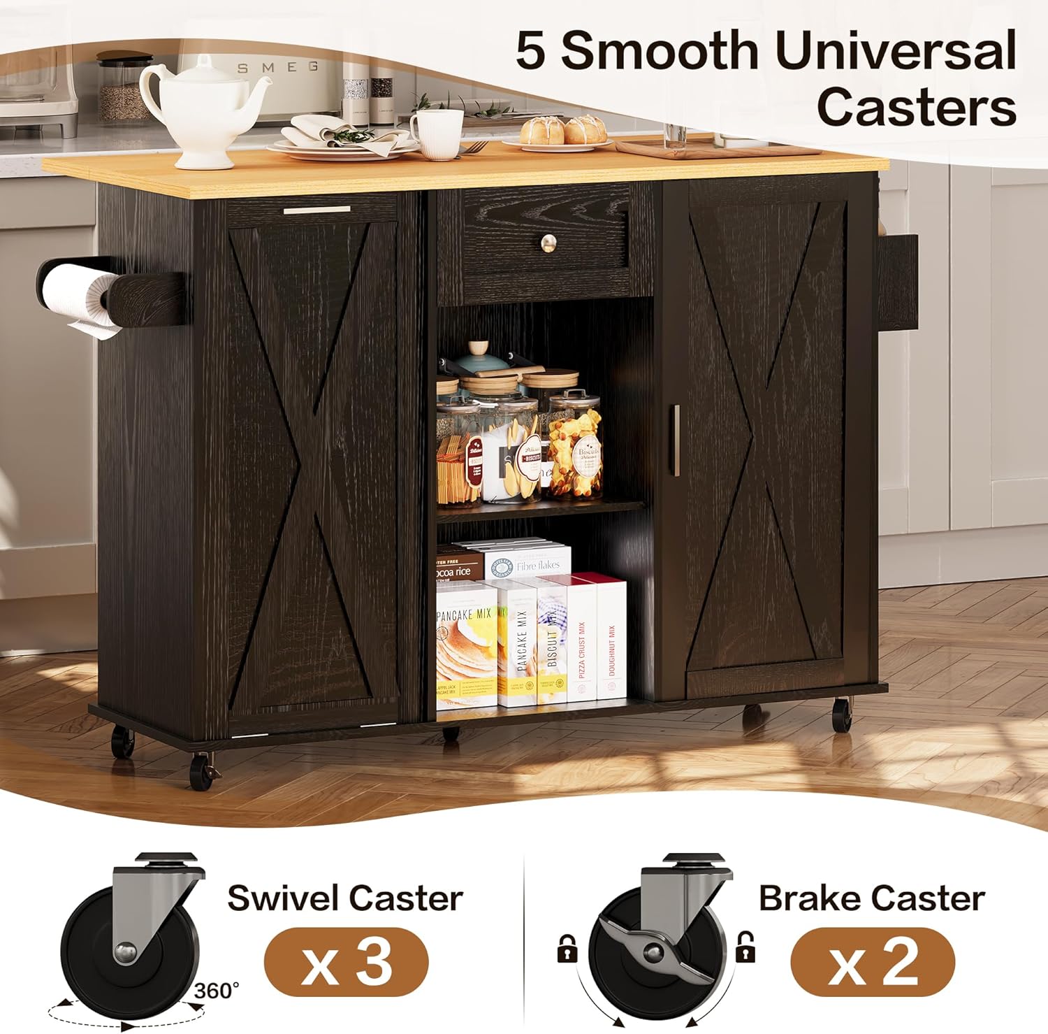 48" Modern Rolling Kitchen Island with Drop Leaf & Trash Can Storage, Mobile Island Table for Kitchen