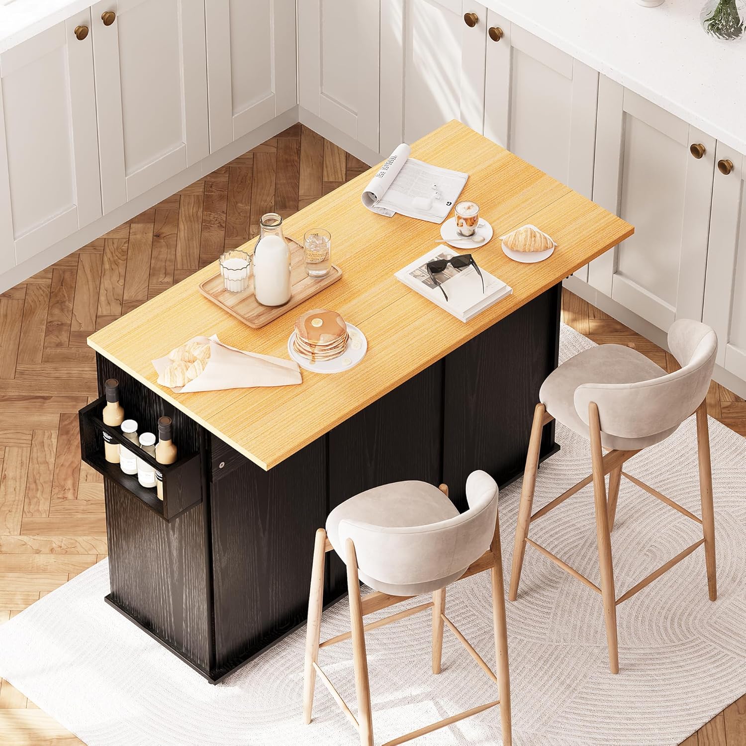 48" Modern Rolling Kitchen Island with Drop Leaf & Trash Can Storage, Mobile Island Table for Kitchen