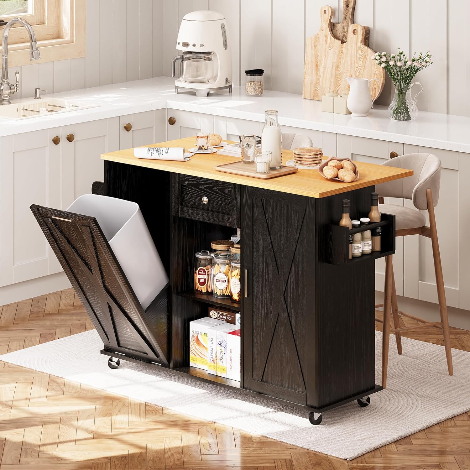 48" Modern Rolling Kitchen Island with Drop Leaf & Trash Can Storage, Mobile Island Table for Kitchen