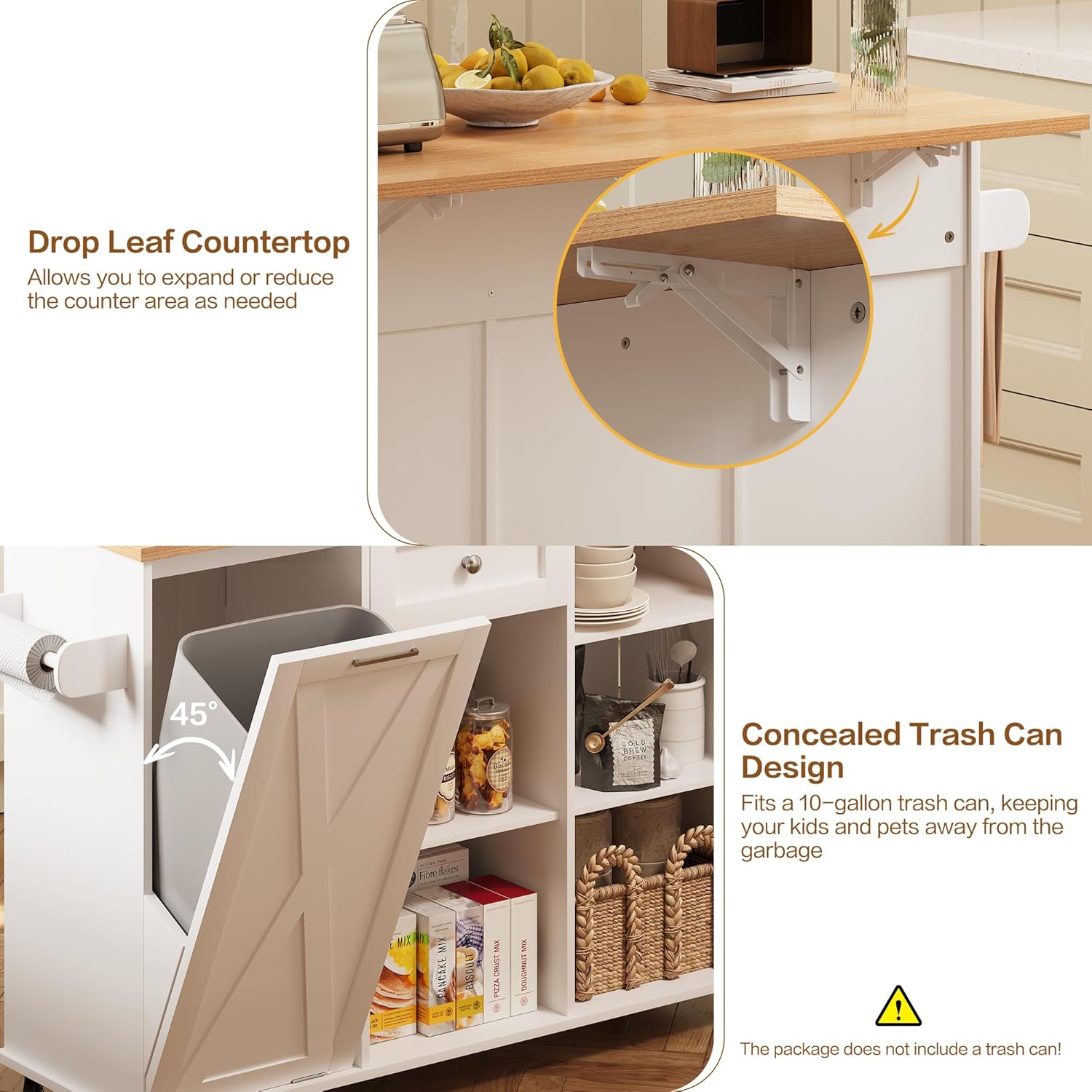 48" Modern Rolling Kitchen Island with Drop Leaf & Trash Can Storage, Mobile Island Table for Kitchen