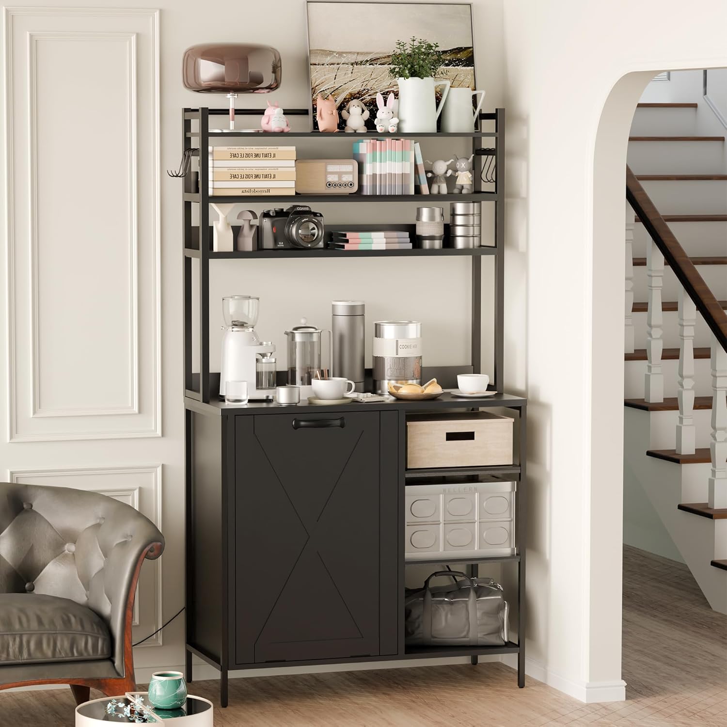 66" Kitchen Bakers Rack with Tilt-Out Trash Cabinet, Tall Coffee Bar Station with Power Outlet, Microwave Stand with Removable Drawers & 6 Hooks, Fits 10-Gallon Bins