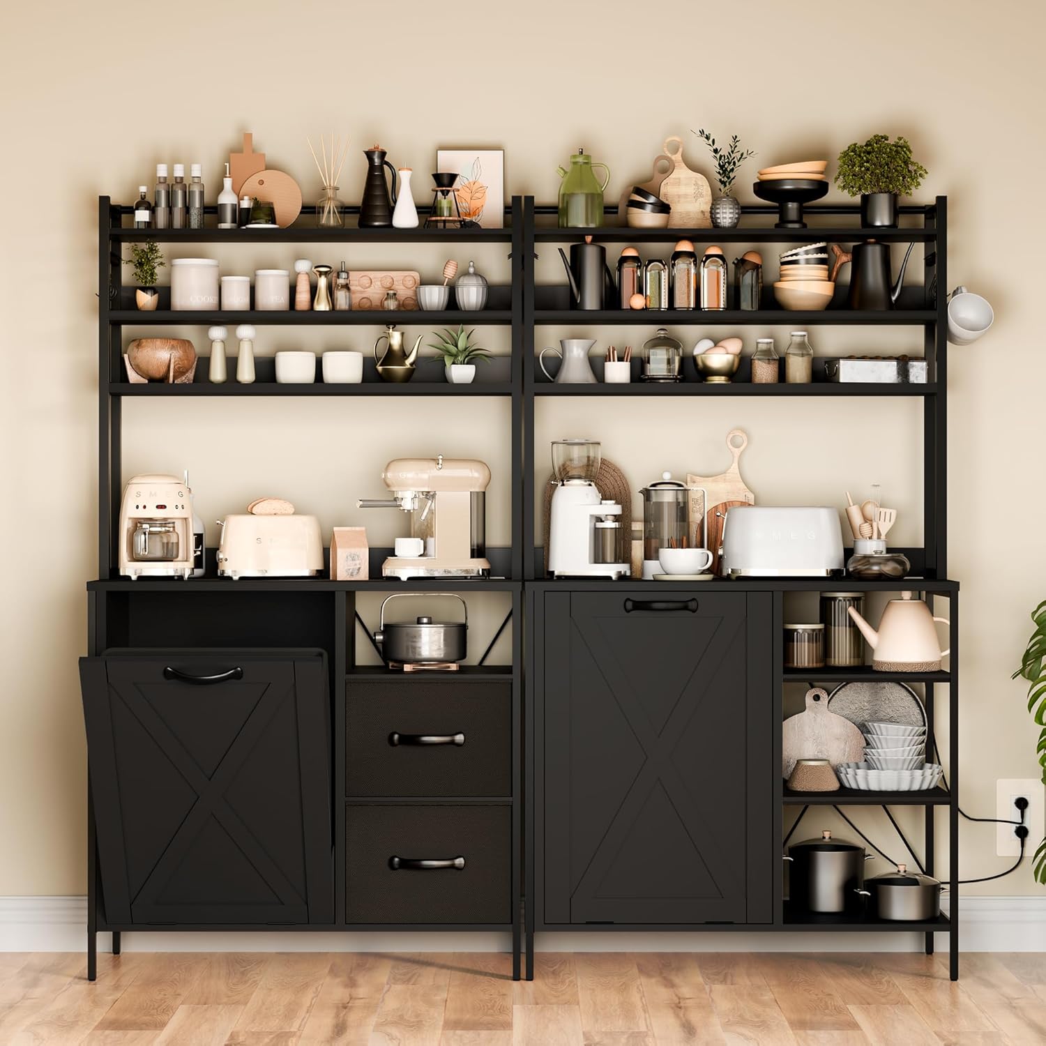 66" Kitchen Bakers Rack with Tilt-Out Trash Cabinet, Tall Coffee Bar Station with Power Outlet, Microwave Stand with Removable Drawers & 6 Hooks, Fits 10-Gallon Bins