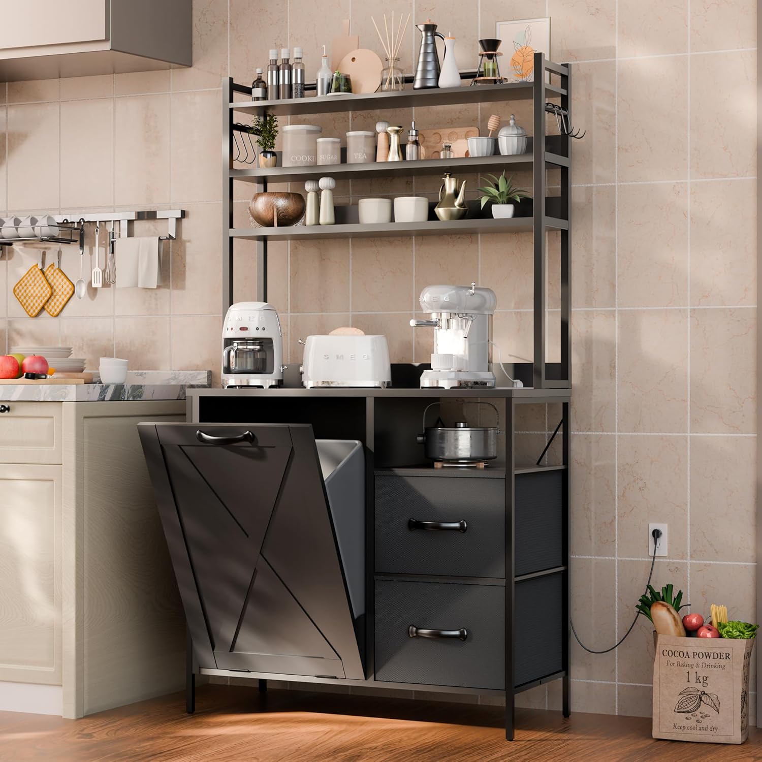 66" Kitchen Bakers Rack with Tilt-Out Trash Cabinet, Tall Coffee Bar Station with Power Outlet, Microwave Stand with Removable Drawers & 6 Hooks, Fits 10-Gallon Bins