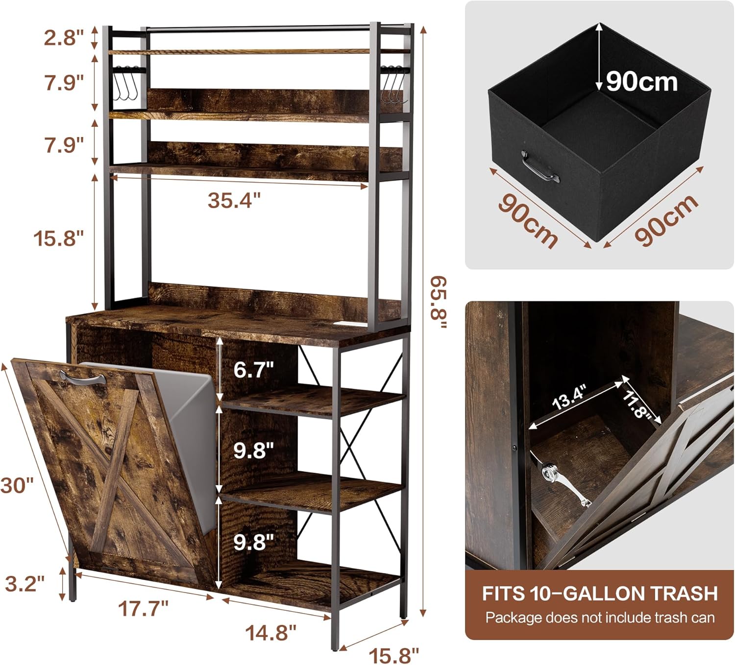 66" Kitchen Bakers Rack with Tilt-Out Trash Cabinet, Tall Coffee Bar Station with Power Outlet, Microwave Stand with Removable Drawers & 6 Hooks, Fits 10-Gallon Bins
