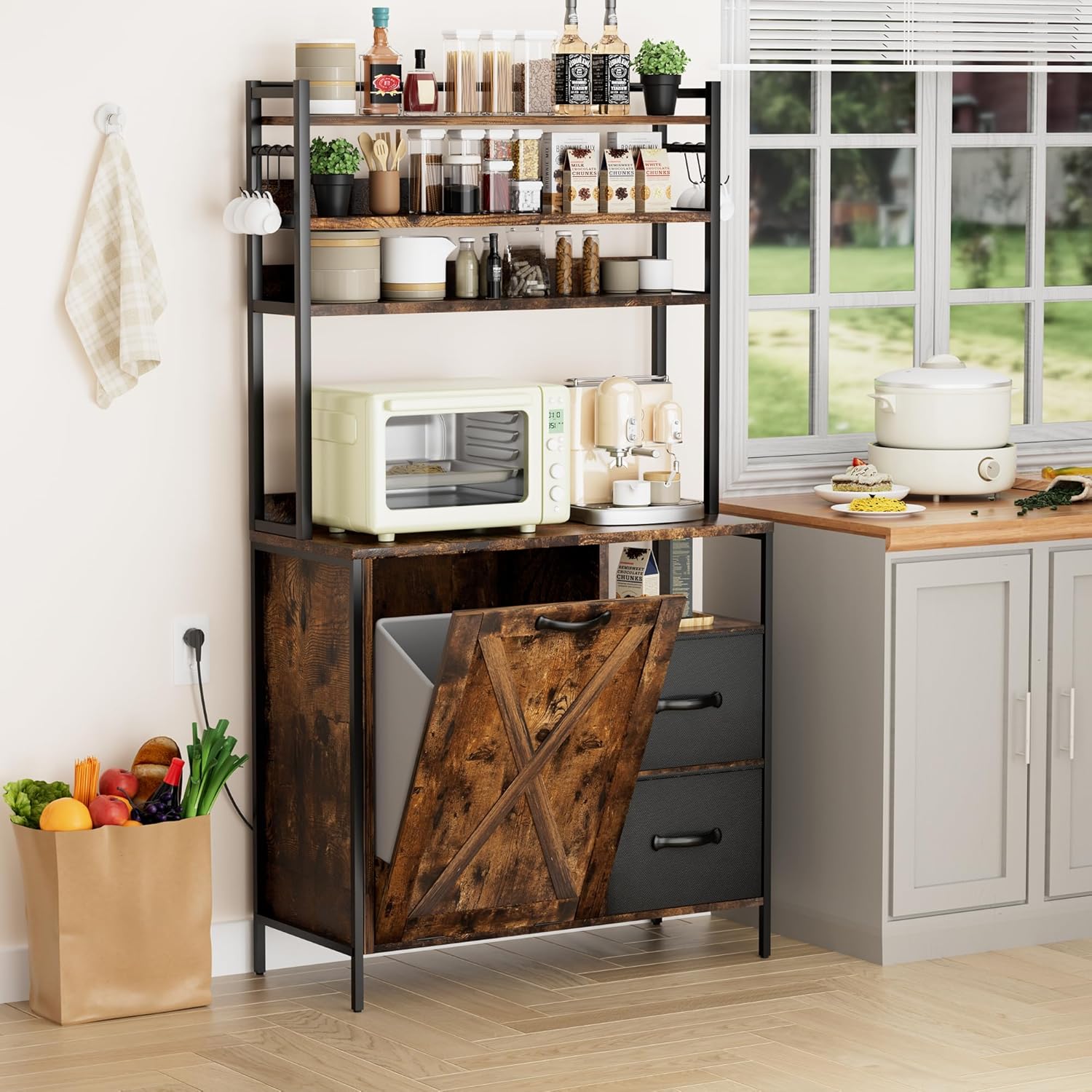 66" Kitchen Bakers Rack with Tilt-Out Trash Cabinet, Tall Coffee Bar Station with Power Outlet, Microwave Stand with Removable Drawers & 6 Hooks, Fits 10-Gallon Bins