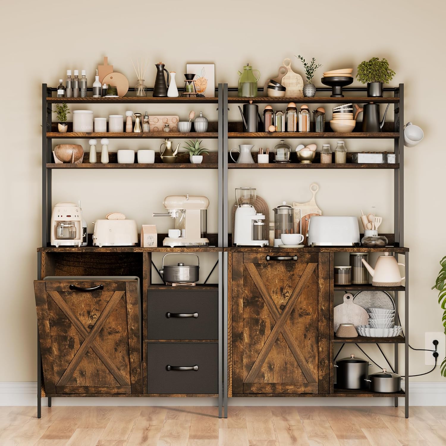 66" Kitchen Bakers Rack with Tilt-Out Trash Cabinet, Tall Coffee Bar Station with Power Outlet, Microwave Stand with Removable Drawers & 6 Hooks, Fits 10-Gallon Bins