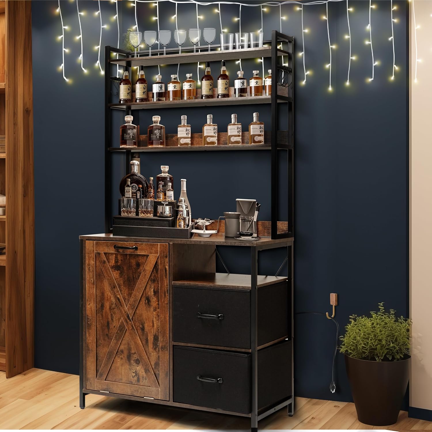 66" Kitchen Bakers Rack with Tilt-Out Trash Cabinet, Tall Coffee Bar Station with Power Outlet, Microwave Stand with Removable Drawers & 6 Hooks, Fits 10-Gallon Bins