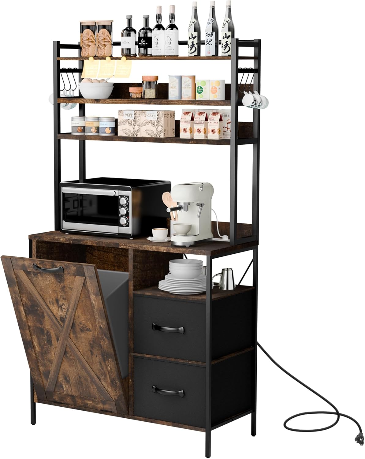 66" Kitchen Bakers Rack with Tilt-Out Trash Cabinet, Tall Coffee Bar Station with Power Outlet, Microwave Stand with Removable Drawers & 6 Hooks, Fits 10-Gallon Bins