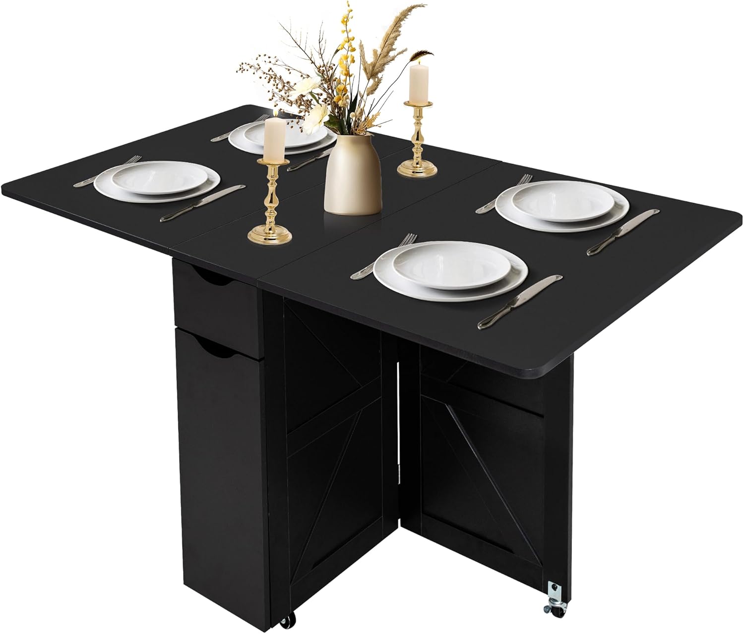 53“ Folding Dining Table Space Saving Foldable Dining Table with Drawer, Shelves and Wine Racks, Drop Leaf Table for Small Spaces, Extendable Folding Kitchen Table with Lockable Wheels