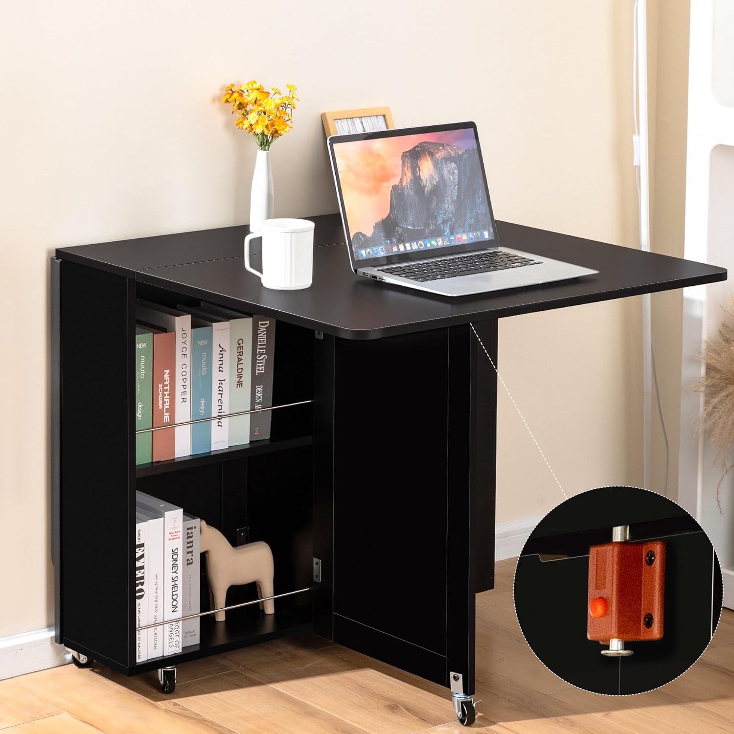 53“ Folding Dining Table Space Saving Foldable Dining Table with Drawer, Shelves and Wine Racks, Drop Leaf Table for Small Spaces, Extendable Folding Kitchen Table with Lockable Wheels