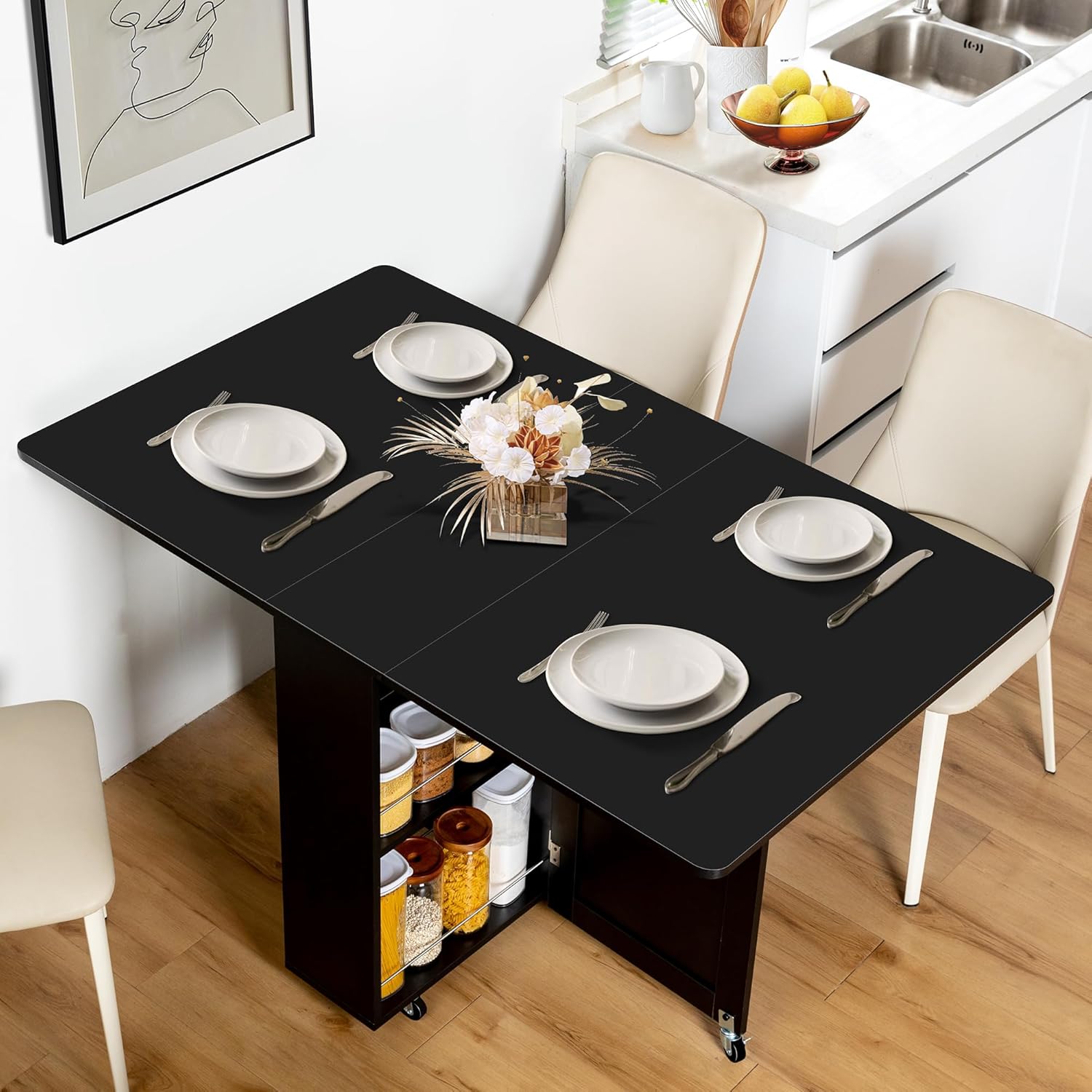 53“ Folding Dining Table Space Saving Foldable Dining Table with Drawer, Shelves and Wine Racks, Drop Leaf Table for Small Spaces, Extendable Folding Kitchen Table with Lockable Wheels