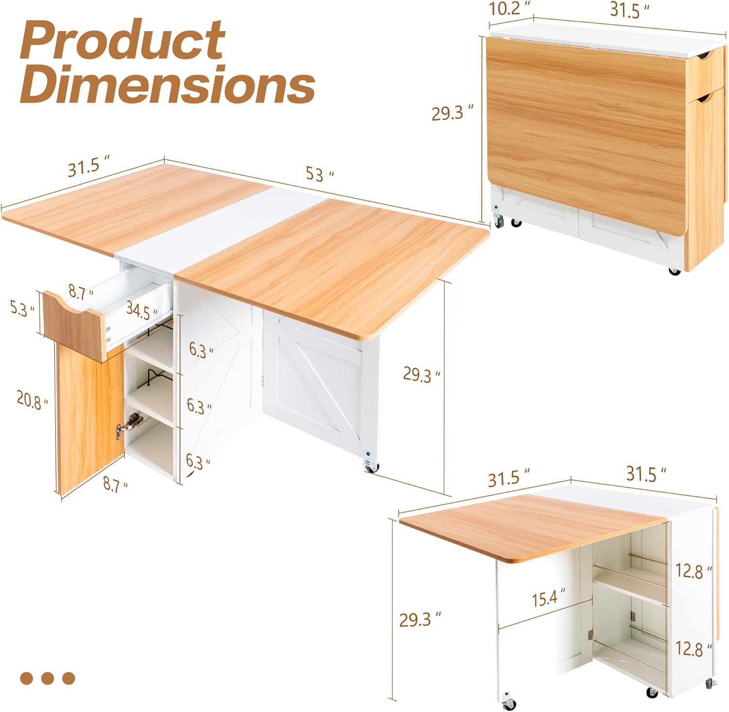53“ Folding Dining Table Space Saving Foldable Dining Table with Drawer, Shelves and Wine Racks, Drop Leaf Table for Small Spaces, Extendable Folding Kitchen Table with Lockable Wheels