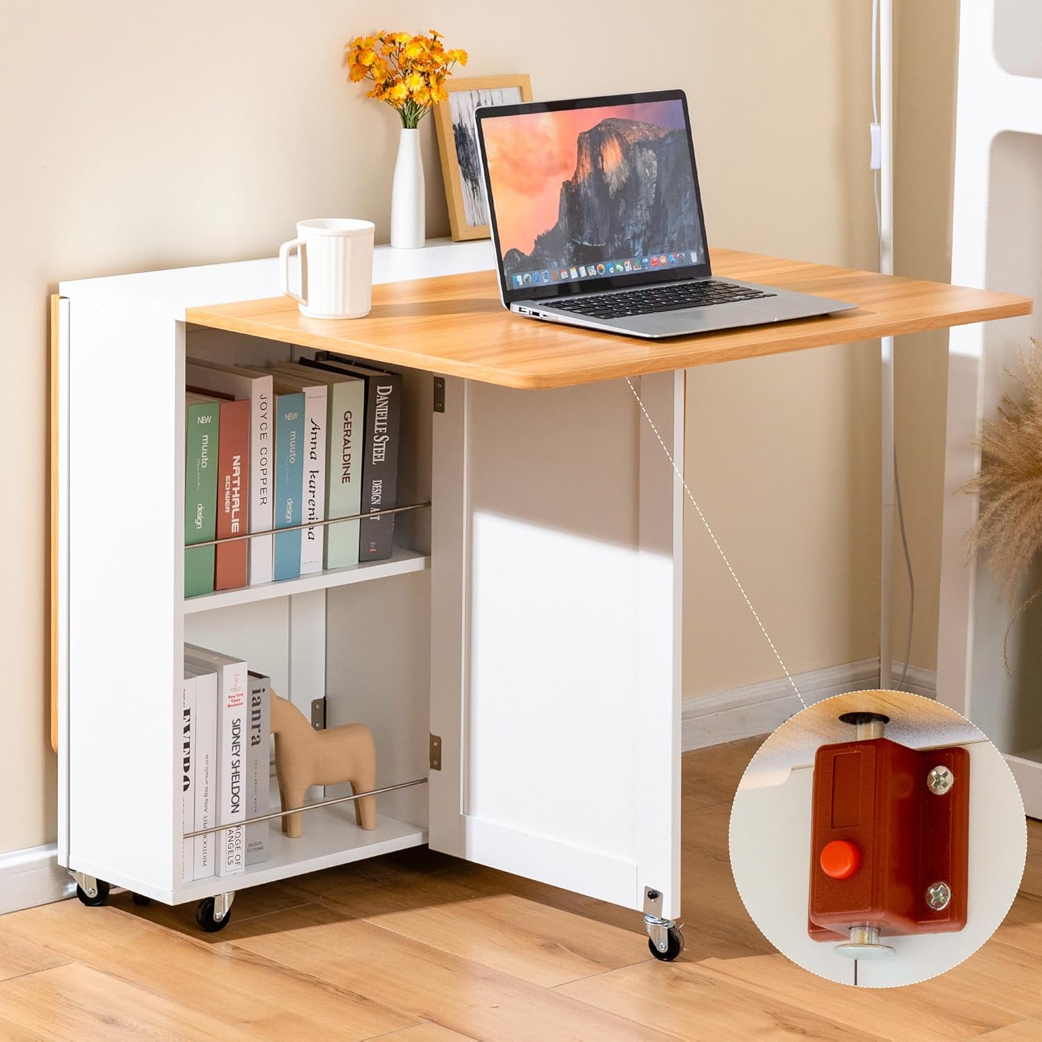 53“ Folding Dining Table Space Saving Foldable Dining Table with Drawer, Shelves and Wine Racks, Drop Leaf Table for Small Spaces, Extendable Folding Kitchen Table with Lockable Wheels