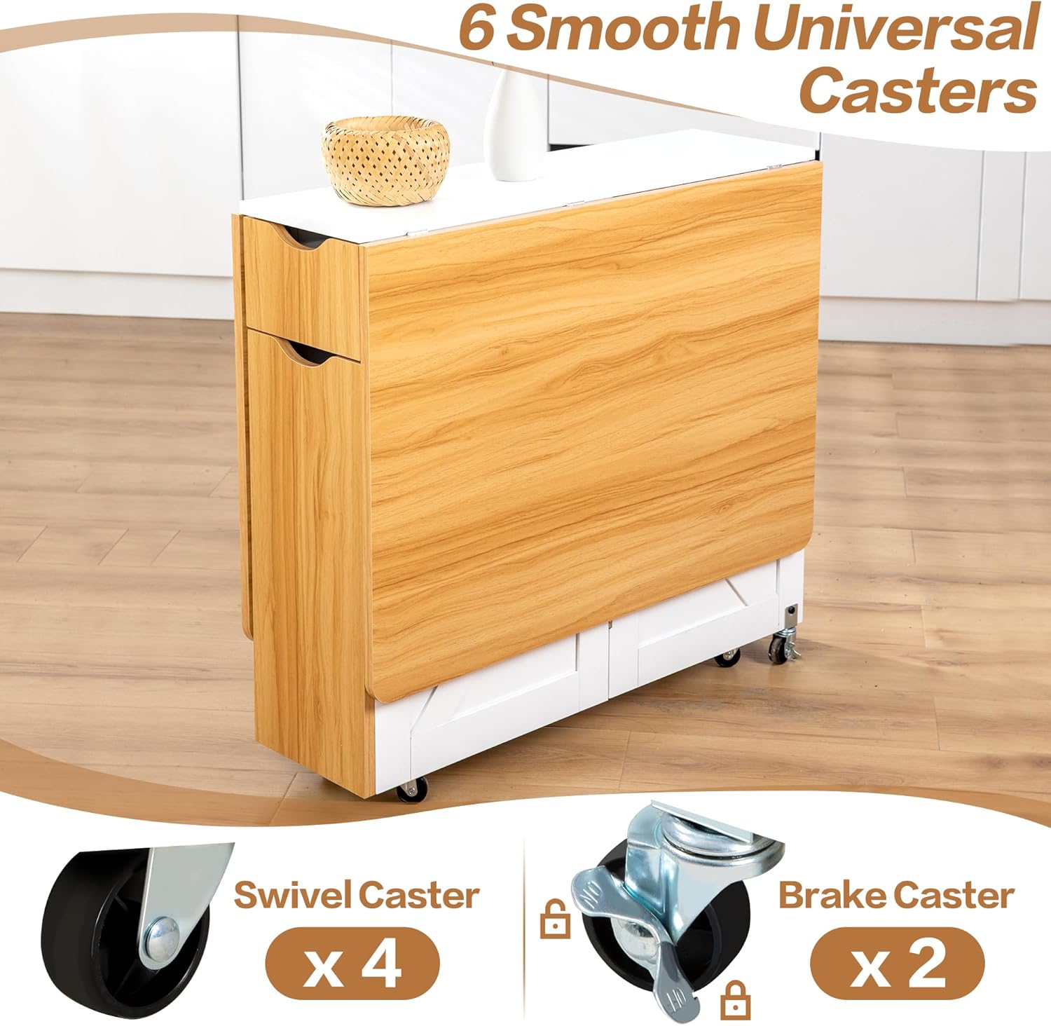 53“ Folding Dining Table Space Saving Foldable Dining Table with Drawer, Shelves and Wine Racks, Drop Leaf Table for Small Spaces, Extendable Folding Kitchen Table with Lockable Wheels