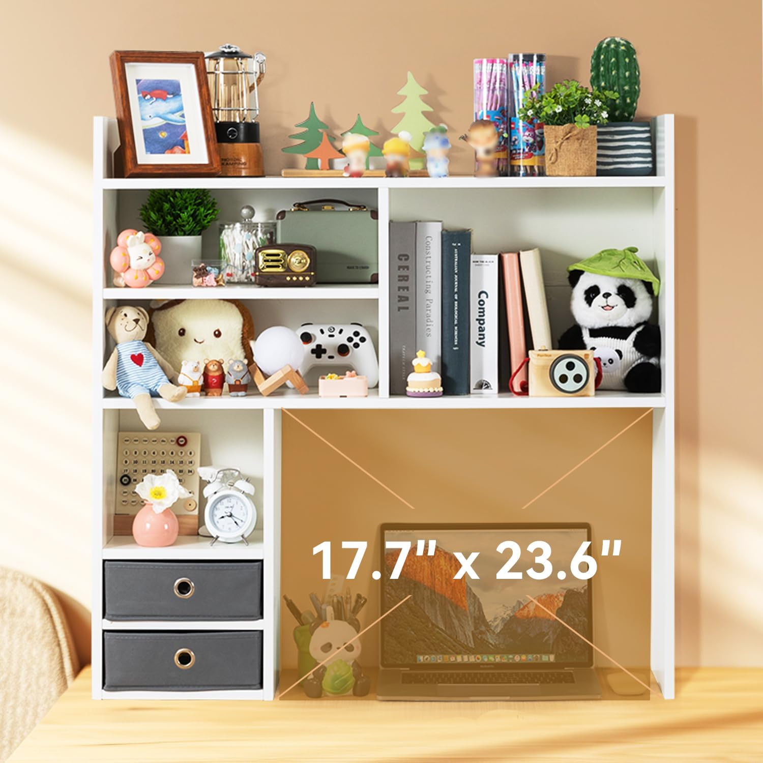 deli Desktop Bookshelf, High-Capacity Desk Hutch Organizer with 7 Shelves and 2 Drawers for Computer Desk, Desk Shelf Organizer for Dorm Office Home, White