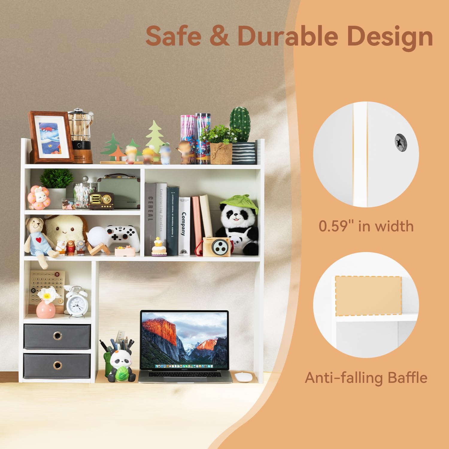 deli Desktop Bookshelf, High-Capacity Desk Hutch Organizer with 7 Shelves and 2 Drawers for Computer Desk, Desk Shelf Organizer for Dorm Office Home, White