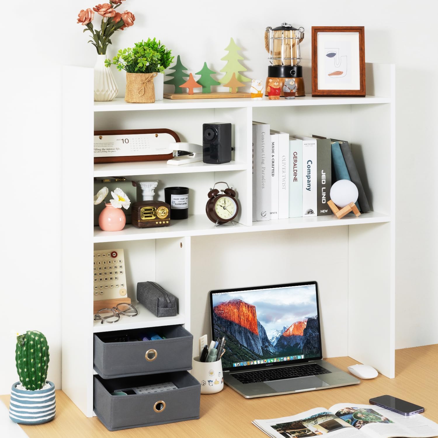 deli Desktop Bookshelf, High-Capacity Desk Hutch Organizer with 7 Shelves and 2 Drawers for Computer Desk, Desk Shelf Organizer for Dorm Office Home, White