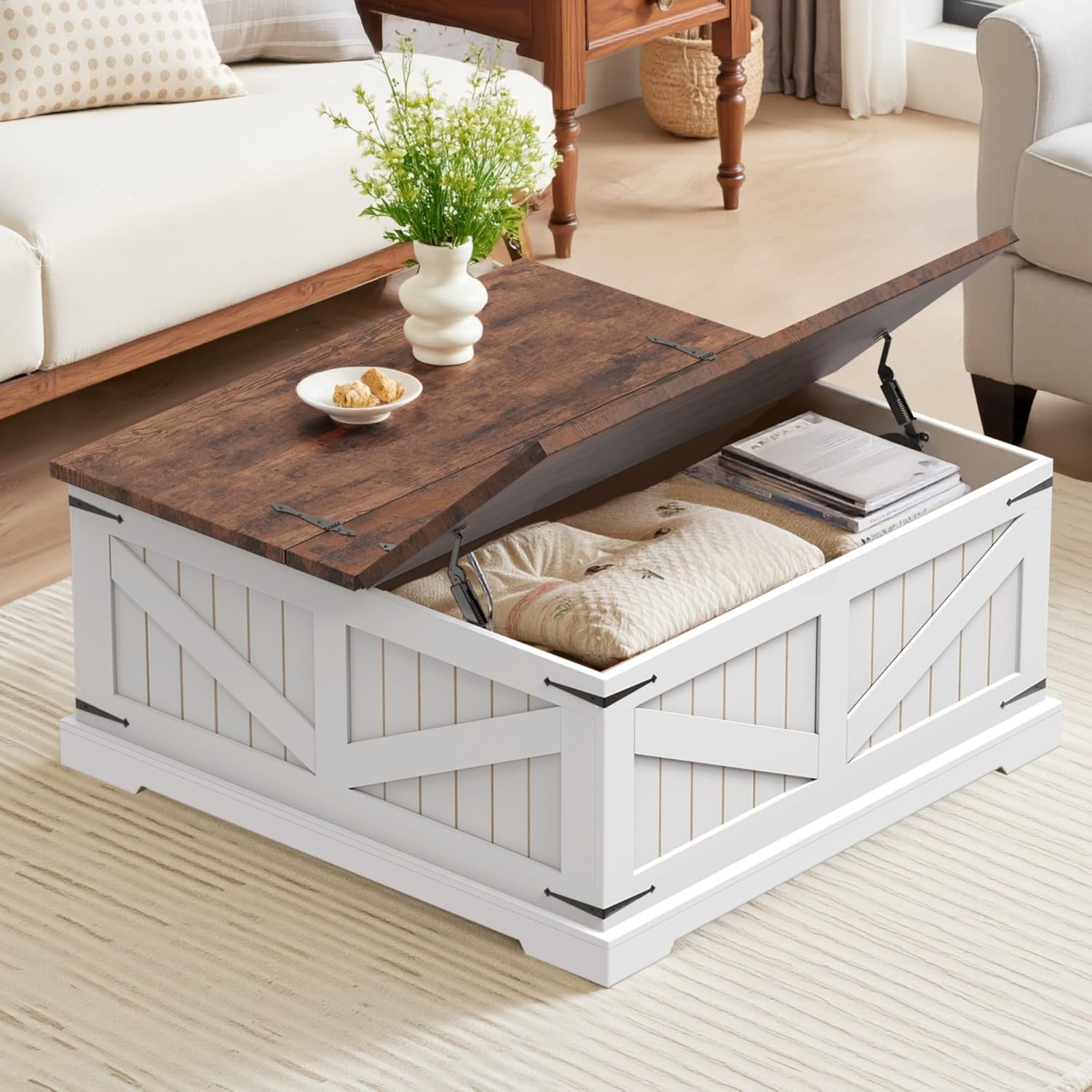 Farmhouse Coffee Table with Storage, 32" Square Wood Center Table with Dual Flip-Top Lids, Hidden Storage Compartment and Arc Base for Living Room