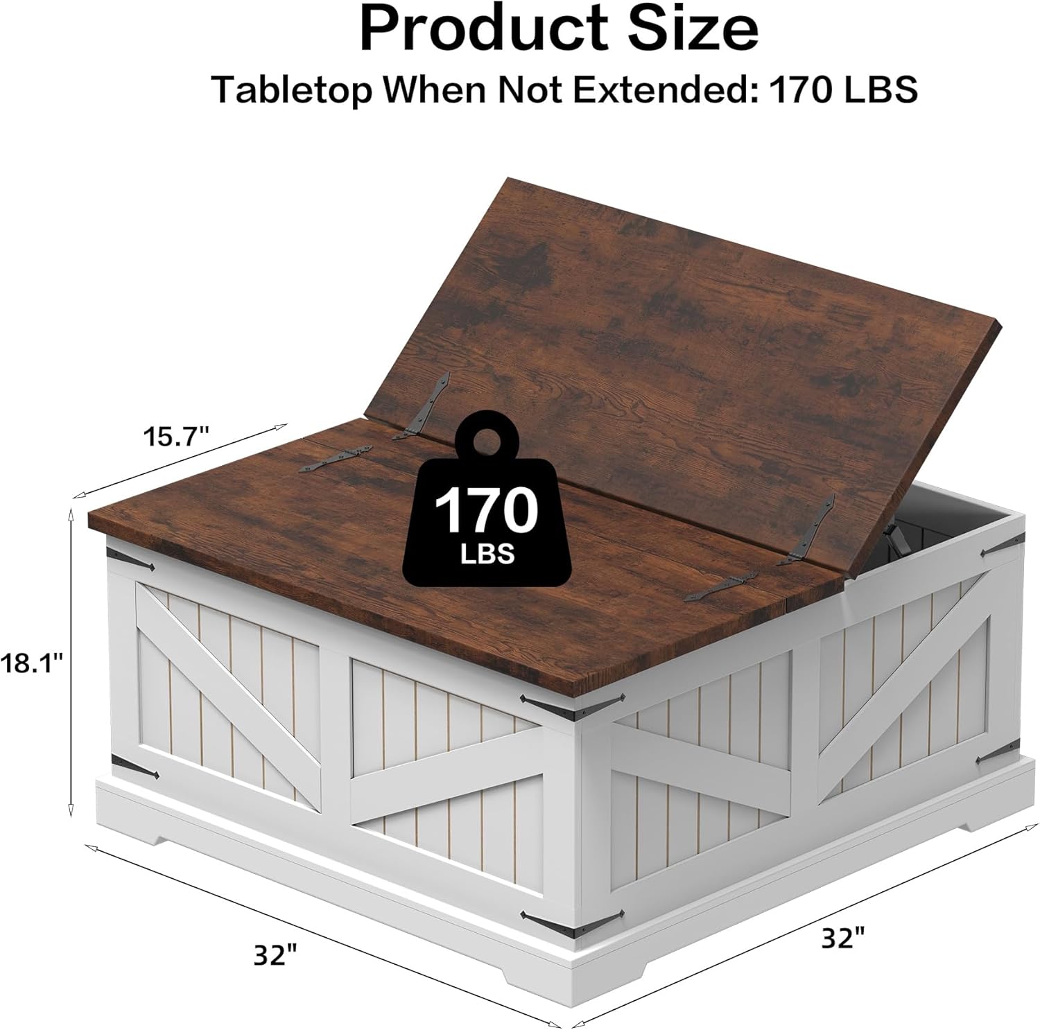 Farmhouse Coffee Table with Storage, 32" Square Wood Center Table with Dual Flip-Top Lids, Hidden Storage Compartment and Arc Base for Living Room