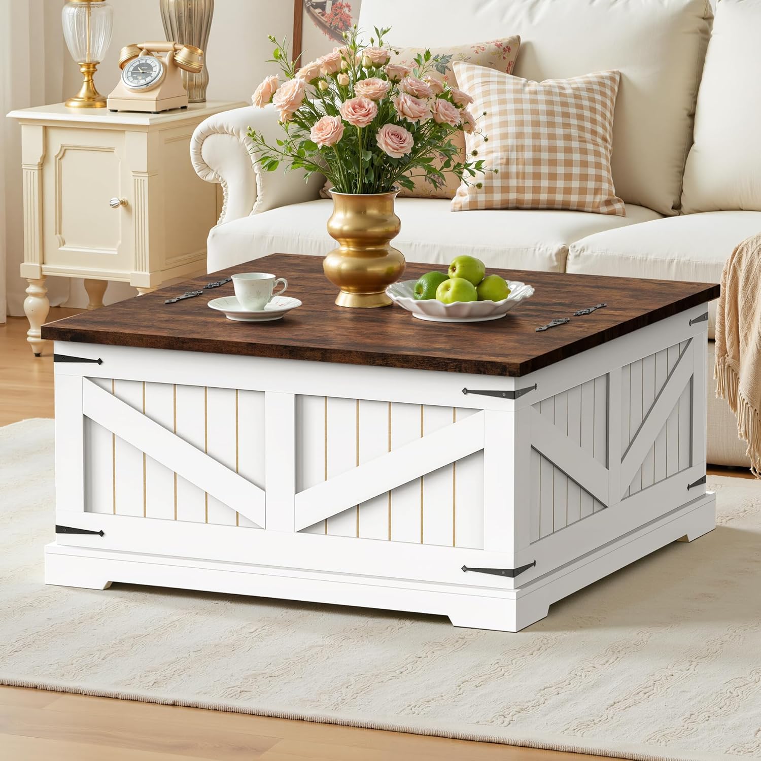 Farmhouse Coffee Table with Storage, 32" Square Wood Center Table with Dual Flip-Top Lids, Hidden Storage Compartment and Arc Base for Living Room