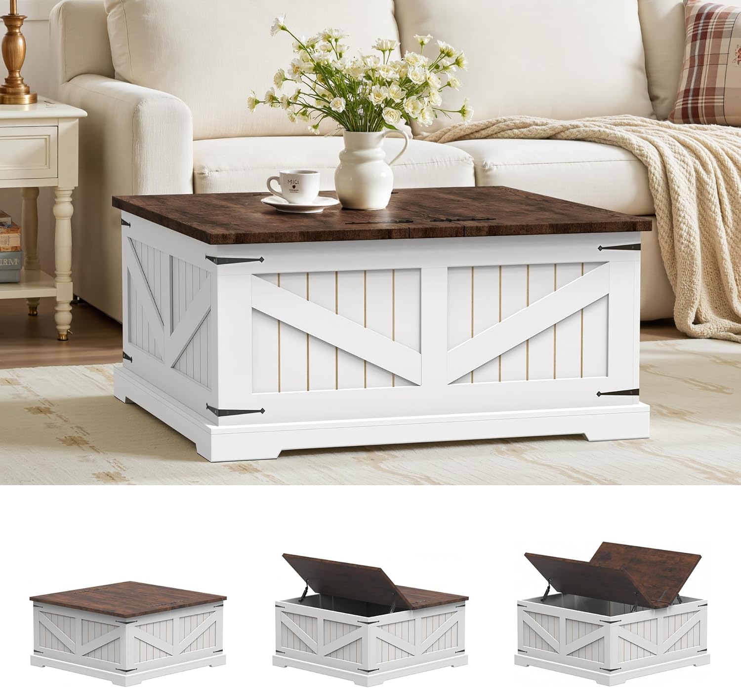 Farmhouse Coffee Table with Storage, 32" Square Wood Center Table with Dual Flip-Top Lids, Hidden Storage Compartment and Arc Base for Living Room