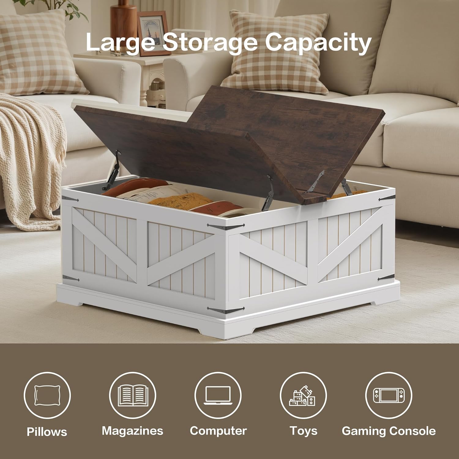 Farmhouse Coffee Table with Storage, 32" Square Wood Center Table with Dual Flip-Top Lids, Hidden Storage Compartment and Arc Base for Living Room