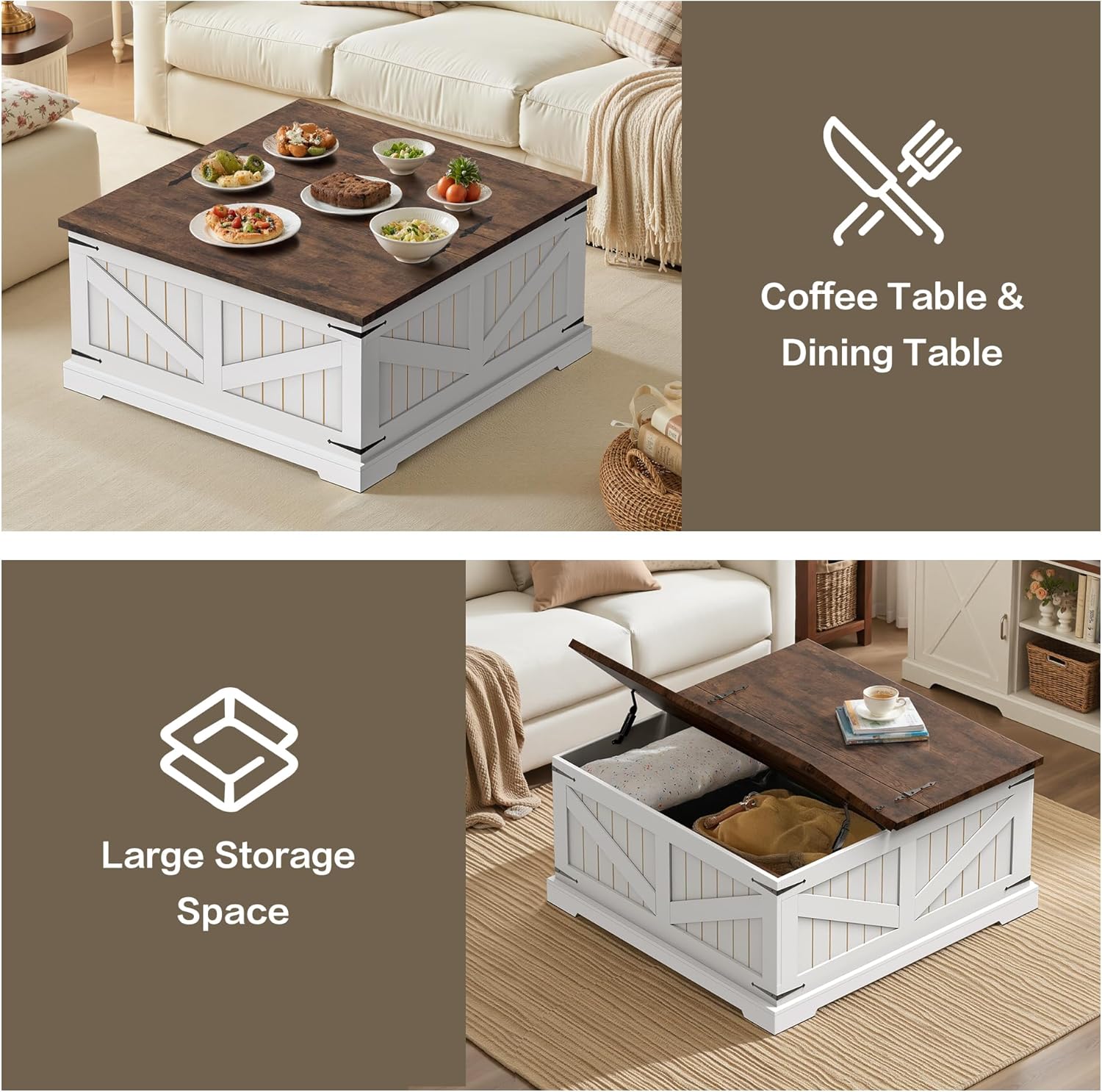 Farmhouse Coffee Table with Storage, 32" Square Wood Center Table with Dual Flip-Top Lids, Hidden Storage Compartment and Arc Base for Living Room