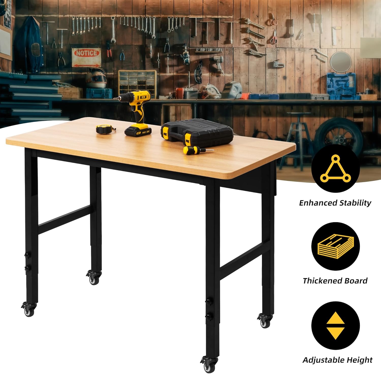 48" Adjustable Workbench with Wheels, Rolling Work Table for Garage, 2000 LBS Capacity Hardwood Work Bench, Heavy Duty Table for Workshop, Office, Garage, Home