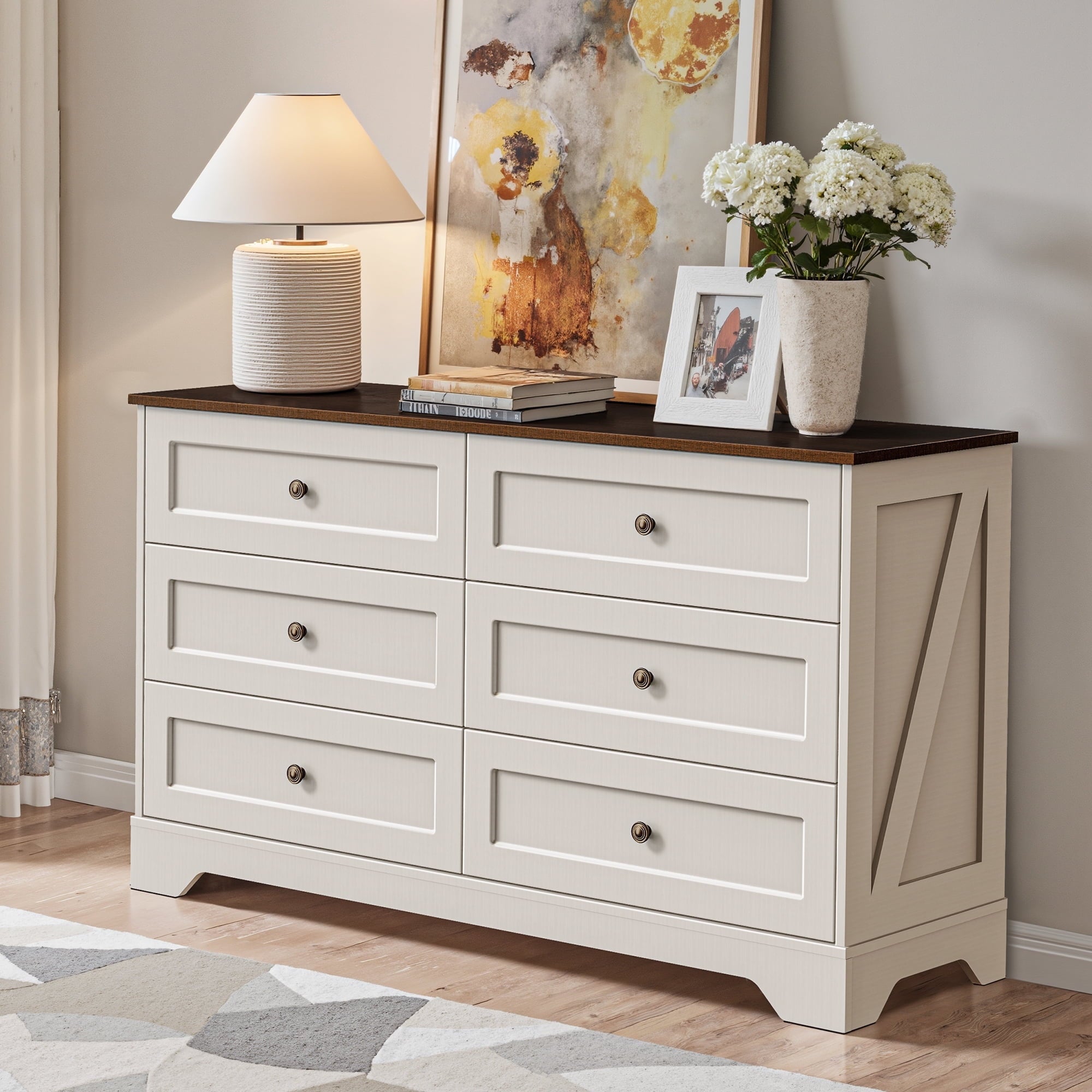 Farmhouse 6-Drawer Dresser, 52" White Wooden Chest of Drawers with Vintage Metal Handles, Large Bedroom Storage Organizer Cabinet, Rustic TV Stand for ... Farmhouse 6-Drawer Dresser, 52" White Wooden Chest of Drawers with Vintage Metal Handles, Large Bedroom Storage Organizer Cabinet, Rustic TV Stand for ...