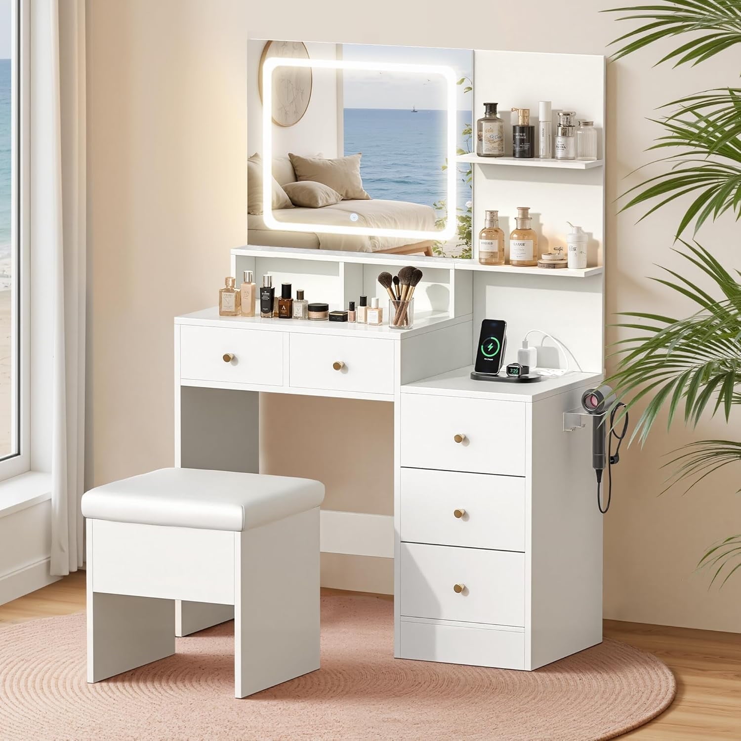 Makeup Vanity Desk Set with Mirror amd LED Lights, White Vanity Table with Chair, Charging Station, 3 Open Storage Shelves & 4 Drawers, Dressing Table with 3 Color Modes for Bedroom
