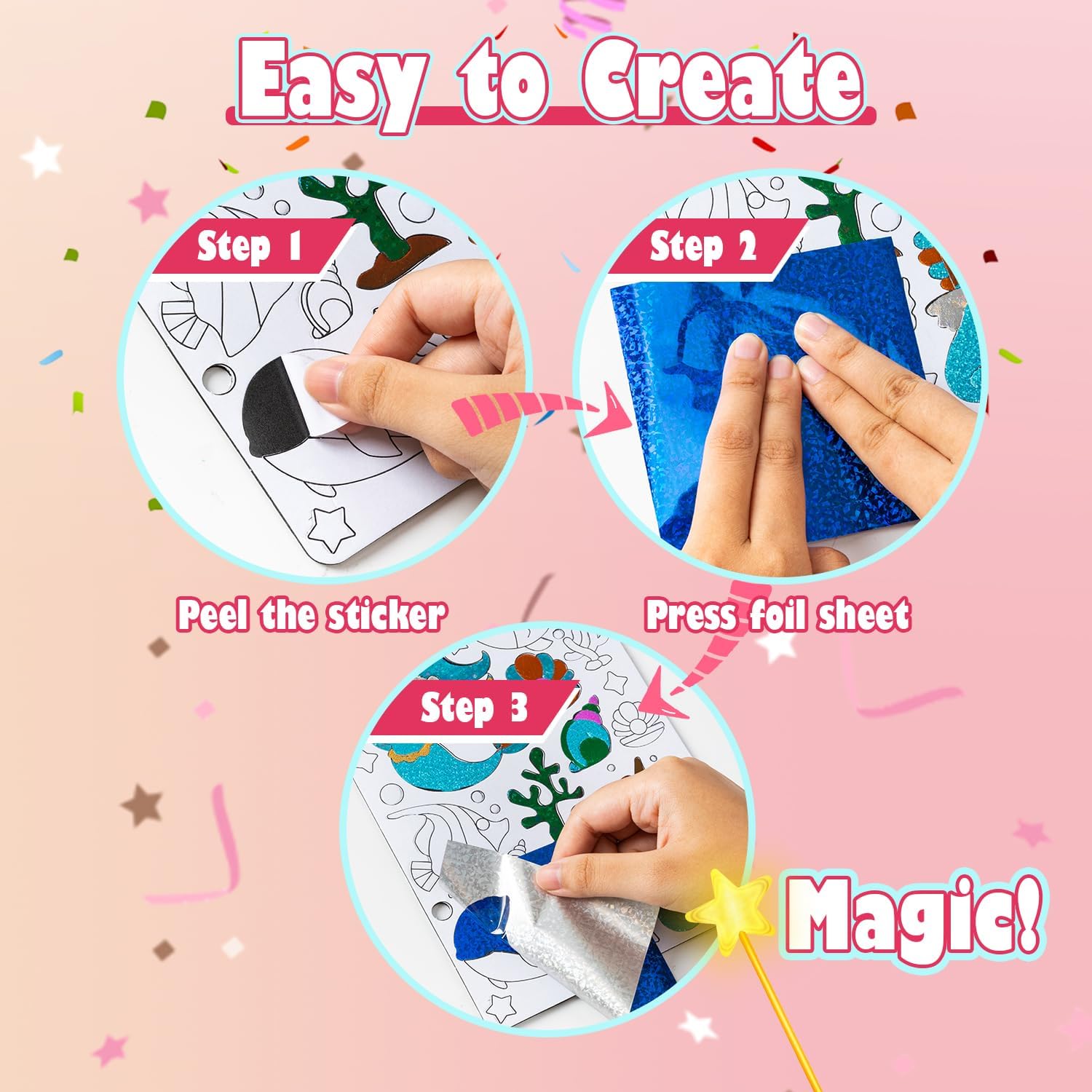 VUSIGN Arts and Crafts for Kids, Foil Fun Activity Kit, Princess Unicorn Fairy Foil Art, No Mess Craft Kits, Creative Gift for Girls Boys Ages 4 5 6 7 8 9