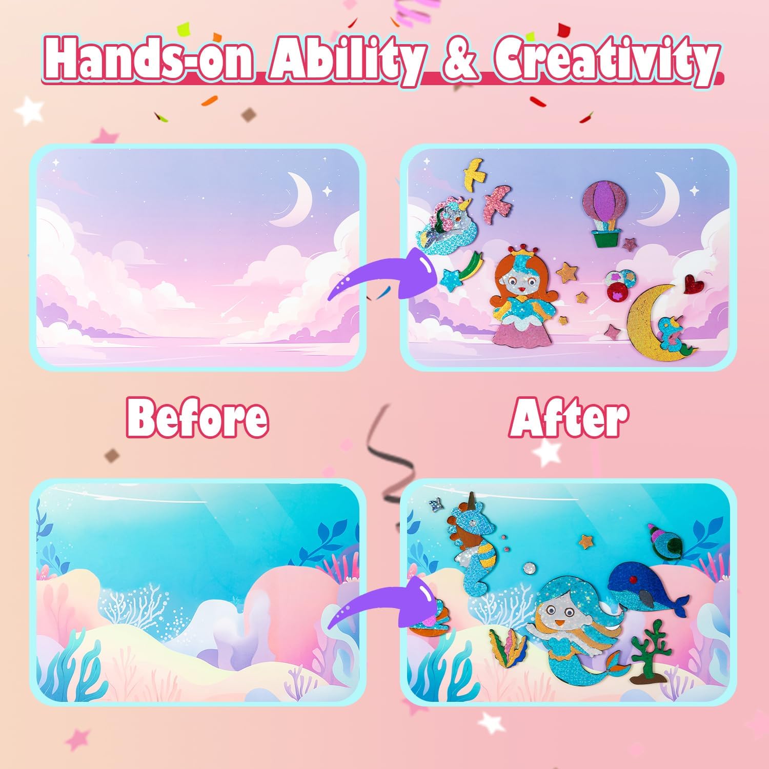 VUSIGN Arts and Crafts for Kids, Foil Fun Activity Kit, Princess Unicorn Fairy Foil Art, No Mess Craft Kits, Creative Gift for Girls Boys Ages 4 5 6 7 8 9