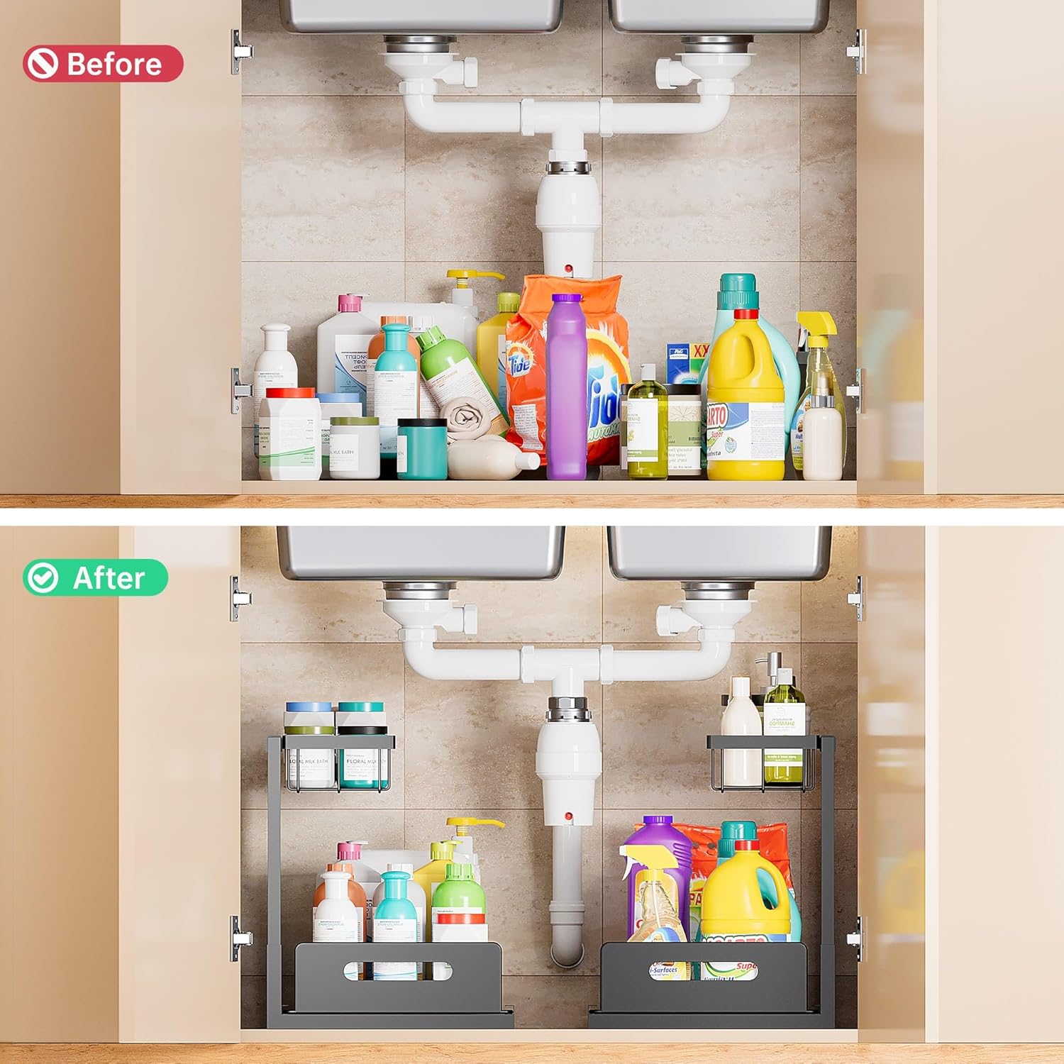 VUSIGN Under Sink Organizers Storage, 2 Tier Under Cabinet Organizer Shelf, Pull Out Kitchen Bathroom Sink Organizer Storage Organization, 2 Pack White