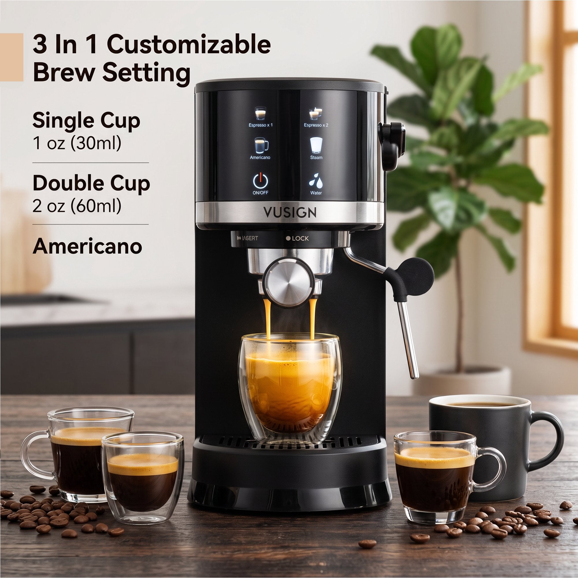 Vusign Semi Automatic Espresso Machine, 20 Bar Coffee Maker Machine with Steam Milk Frother,NTC Temperature Control, Pre-Infusion,1.2L Removable Water Tank
