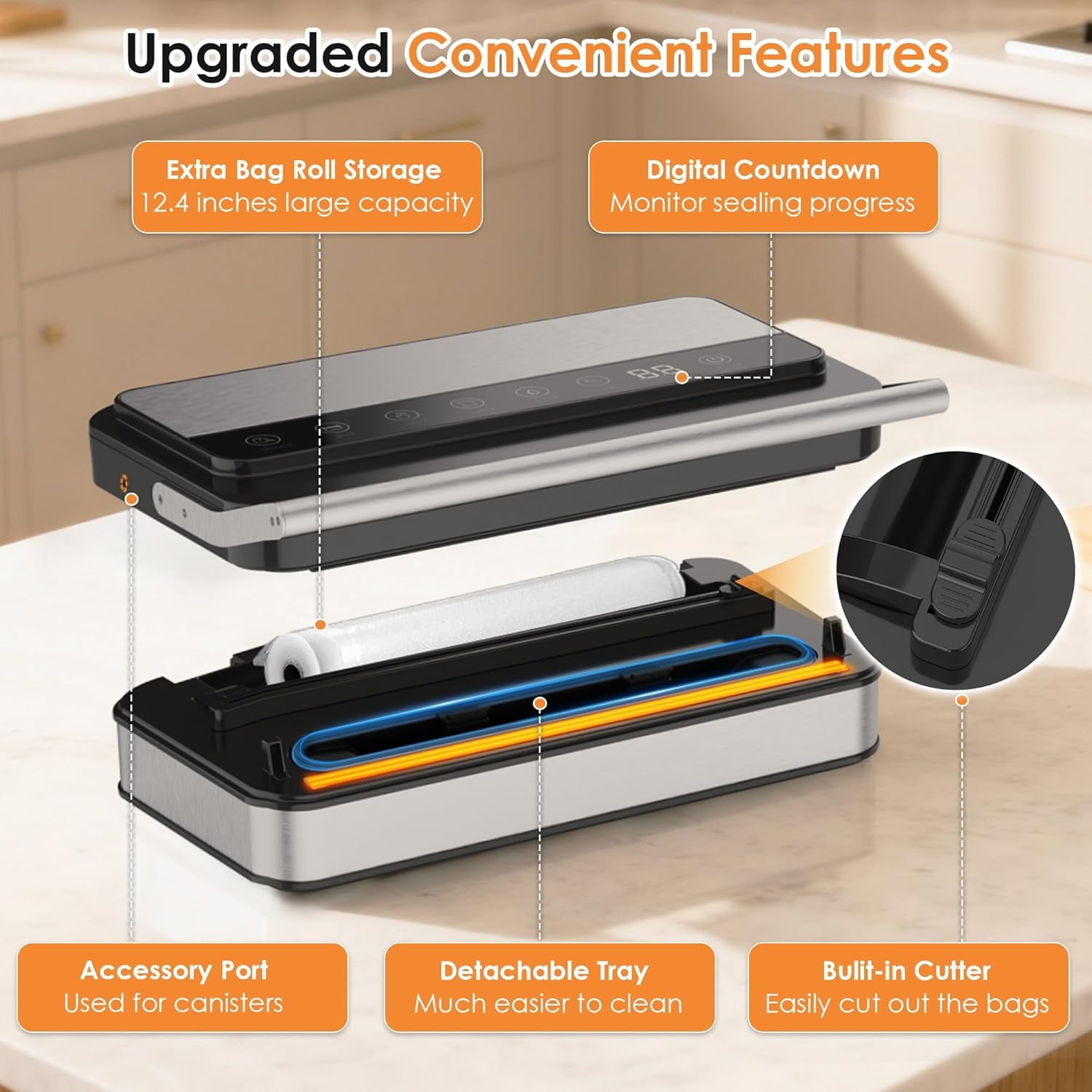 NOVODESK Vacuum Sealer Machine, 85Kpa Food Sealer with Dry/Moist Modes & Built-in Cutter