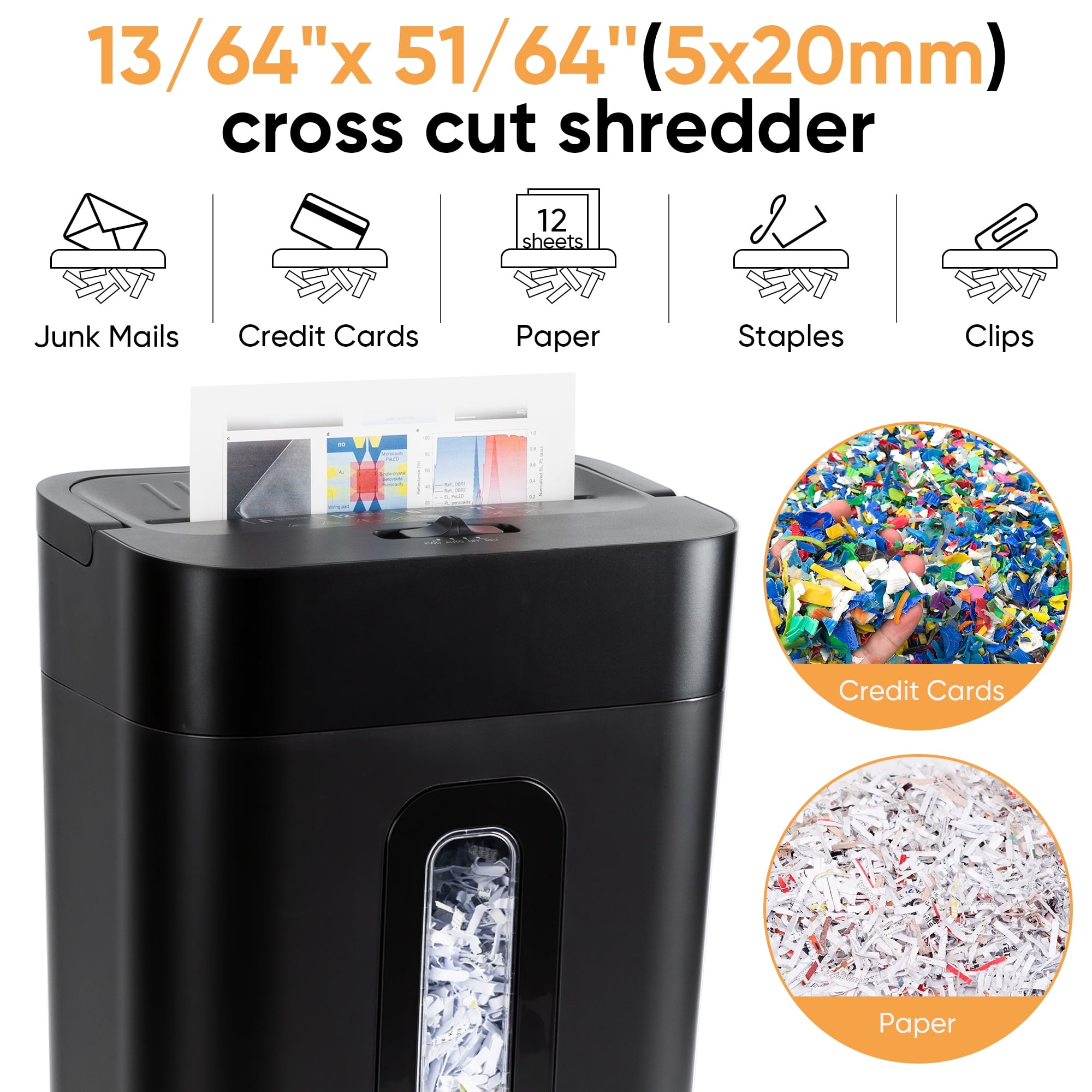12-Sheet Cross-Cut Paper Shredder, 21L Large Bin with Viewing Window, 5-Min Continuous Run Time, Portable Handle for Home Office Use