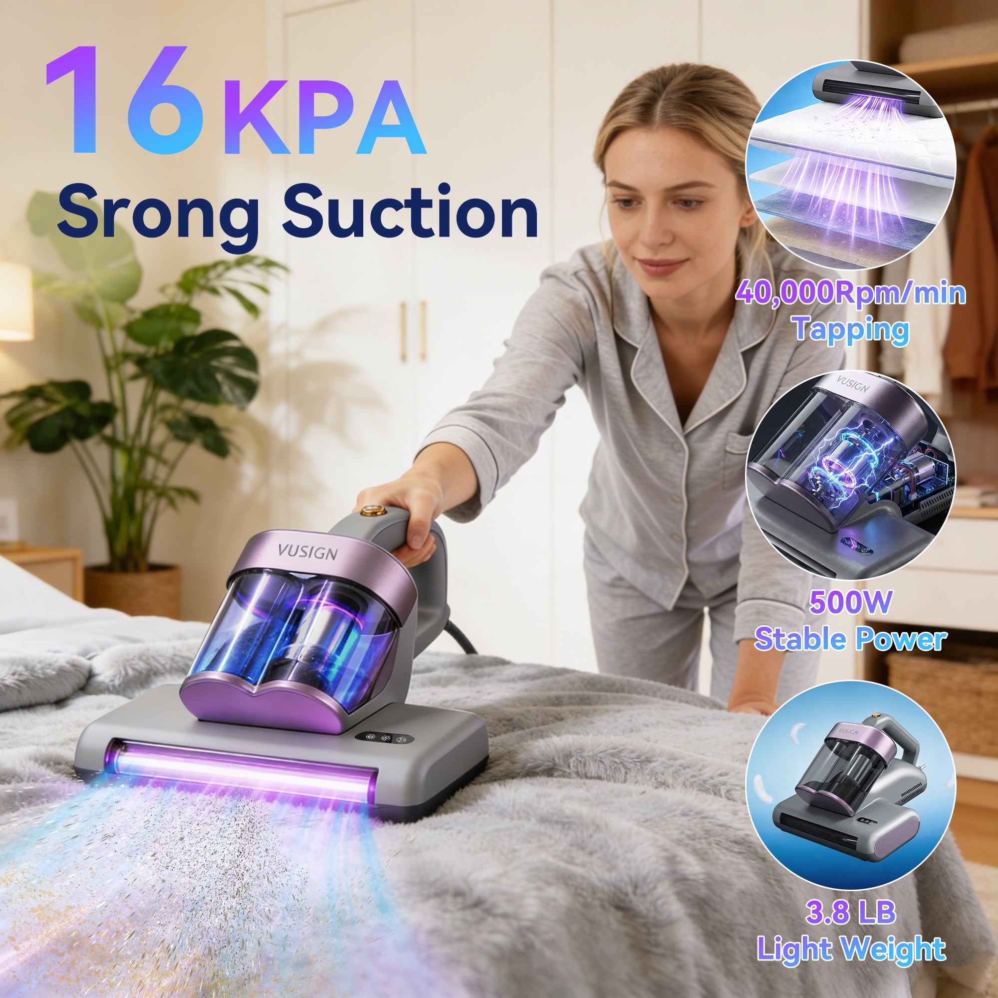 Vusign 16Kpa Mattress Vacuum Cleaner, Bed Vacuum Cleaner with 253.7nm UV-C Light HEPA Filter,0.6L Dustbin,140¡ãF Heat & 40,000RPM Tapping& Ultrasonic Handheld Vacuums for Bed, Sofa, Couch, Crib