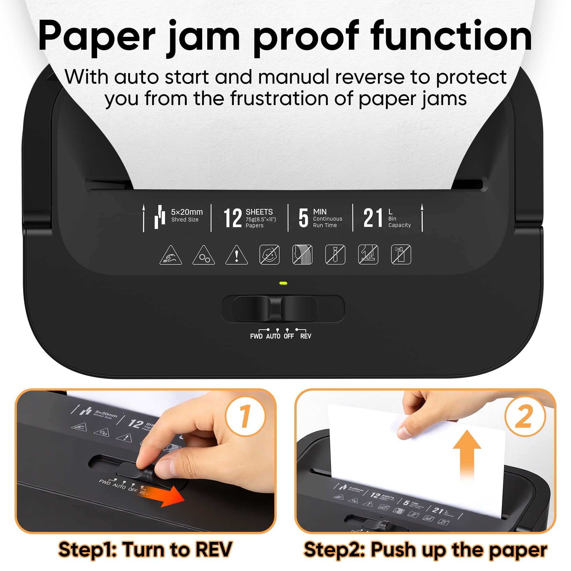 12-Sheet Cross-Cut Paper Shredder, 21L Large Bin with Viewing Window, 5-Min Continuous Run Time, Portable Handle for Home Office Use