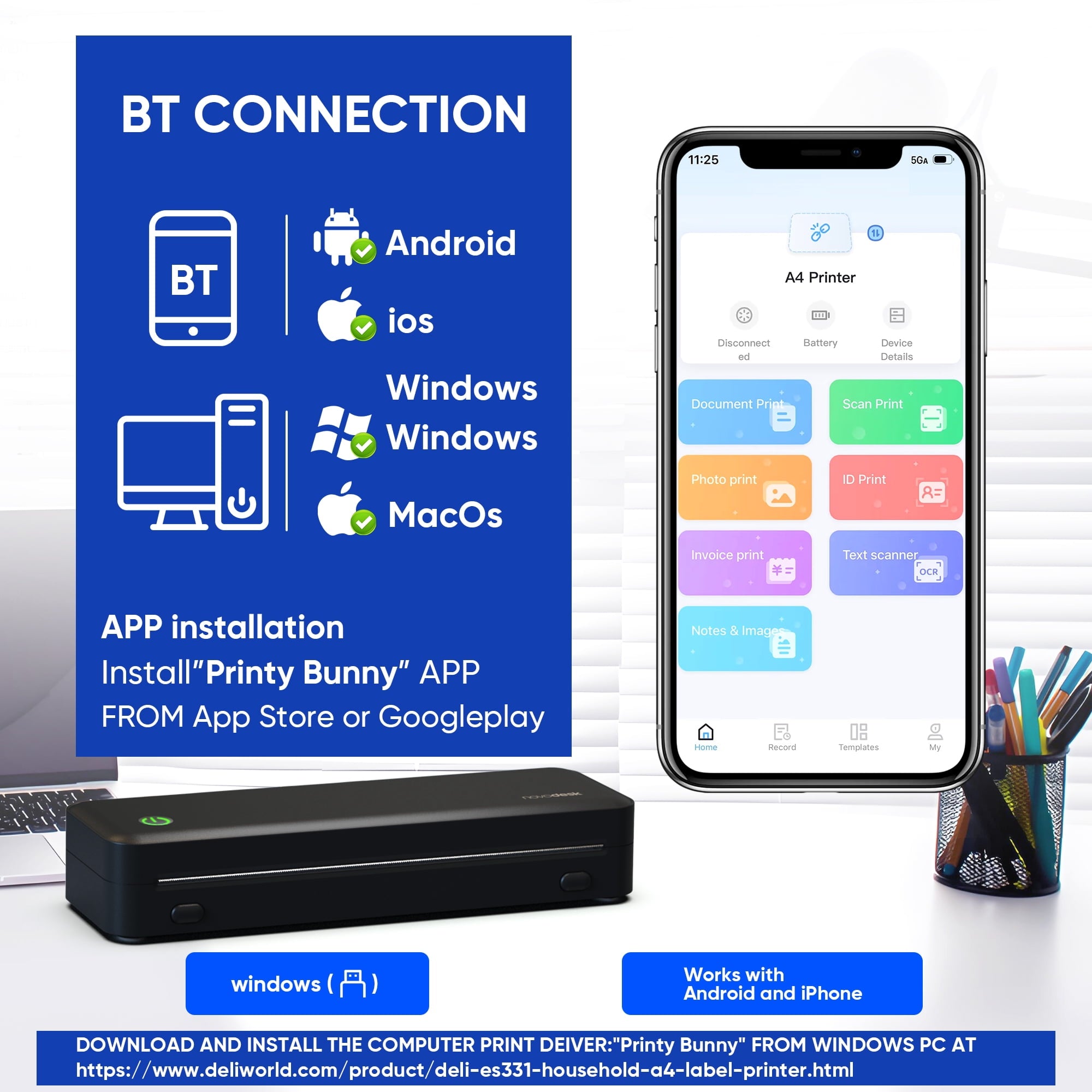 Thermal Printer, 2600mAh Battery, 300 dpi Wireless Printer Support US Letter & A4 for Travel, Inkless Portable Bluetooth & USB Printer, Compatible with IOS Android MacOs Windows